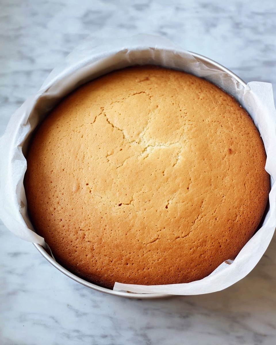 A single round cake with a golden brown top that has some small cracks in the center. It is baked in a round metal pan lined with white parchment paper that slightly peeks out around the edges. The cake's surface looks smooth with a few light brown spots, and the background is a white marbled texture. photo taken with an iphone --ar 4:5 --v 7