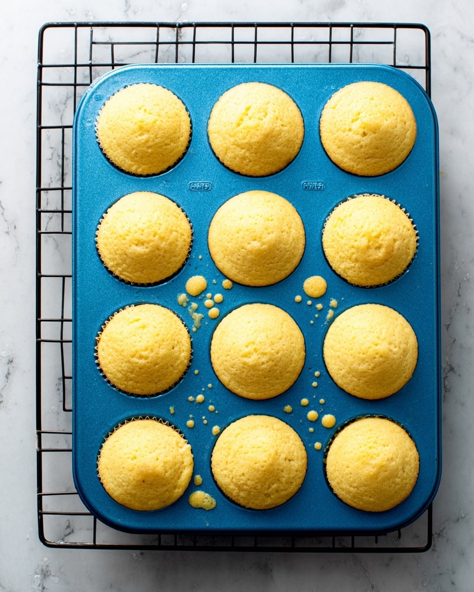 A blue muffin tray with twelve round muffins inside sits on a black cooling rack, all placed on a white marbled surface. Each muffin is light golden yellow with a slightly domed and soft texture, filling each round cup completely with a smooth, moist appearance. Some small batter spots and drops are visible on the tray around the muffins, showing fresh baking activity. The tray has a shiny finish and the cooling rack’s grid pattern is clearly visible underneath. Photo taken with an iphone --ar 4:5 --v 7