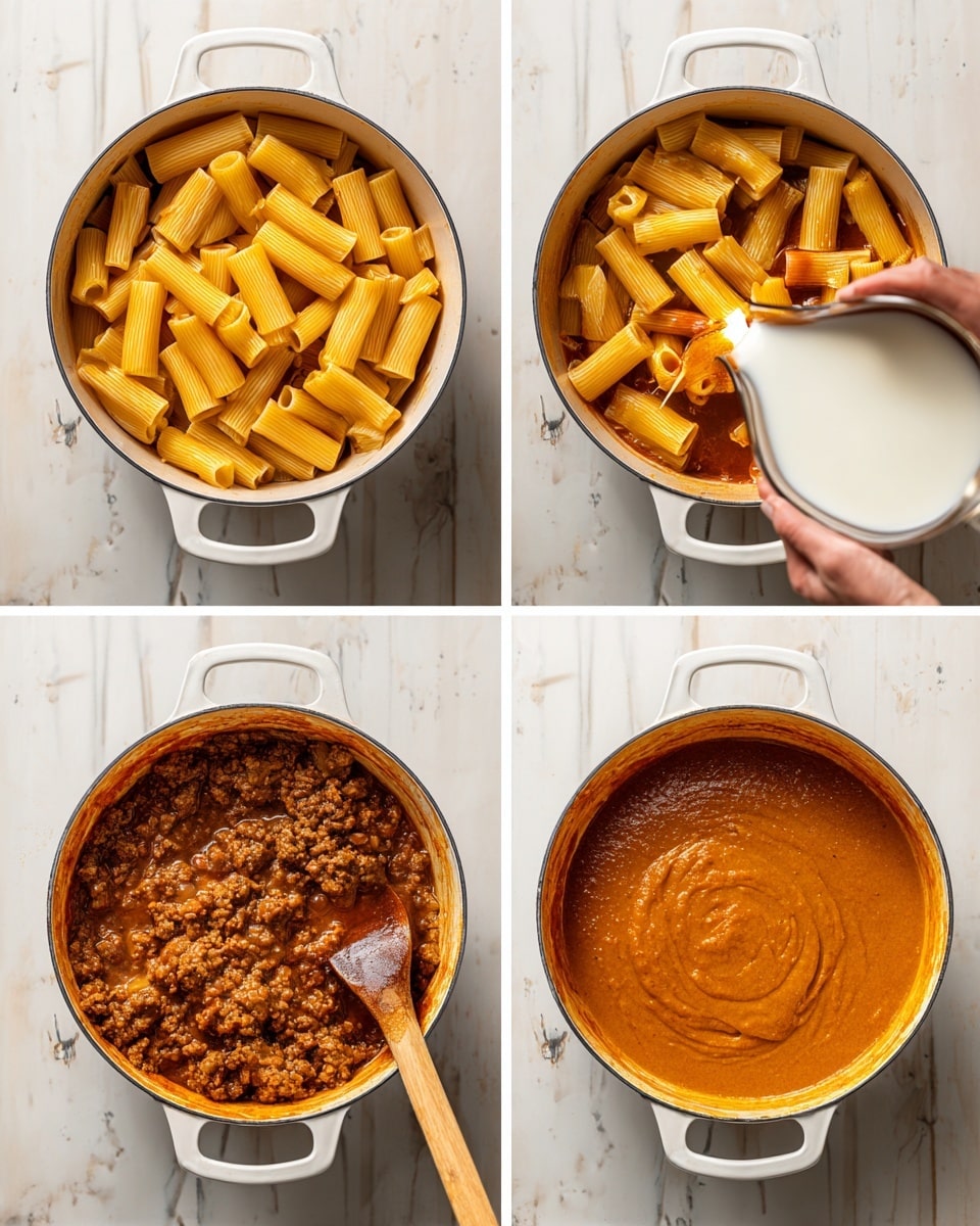The image shows four steps of cooking pasta in a white pot with handles on a white marbled surface. In the first frame, dry rigatoni pasta pieces are placed on top of cooked ground meat mixed with tomato sauce, with a woman's hand pouring a dark brown liquid into the pot. In the second frame, the same rigatoni pasta sits on top with the dark liquid underneath, while a woman's hand pours a white creamy liquid over the pasta. The third frame shows the mixture fully combined into a smooth orange sauce covering the pasta inside the white pot. The last frame reveals the rigatoni and ground meat fully mixed into the thick orange sauce, stirred with a wooden spoon inside the white pot. photo taken with an iphone --ar 4:5 --v 7