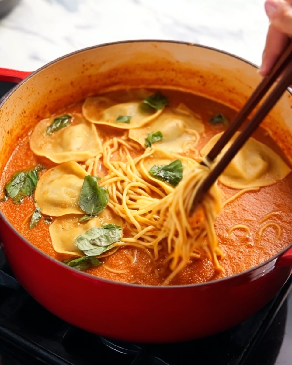 The image shows a close-up of a red pot with a thick, reddish-orange sauce at the bottom. Round, thin, yellow pasta pieces are being stirred in the sauce by a woman's hand using wooden chopsticks. There are also a few fresh green basil leaves scattered on top of the pasta in the sauce. The pot sits on a black stove, and the background is a white marbled surface. Photo taken with an iphone --ar 4:5 --v 7