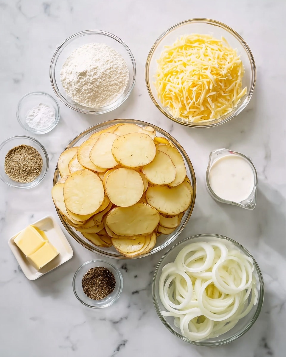 The image shows a top view of several glass bowls placed on a white marbled surface. The biggest bowl in the center holds many thin, round slices of raw potatoes with light yellow skin. To the top center, a medium glass bowl filled with shredded yellow cheese. To the right, another glass bowl contains thin, curly white onion slices. To the far right, a small glass measuring cup holds white cream. To the far left, four smaller glass bowls are arranged: one with white flour, one with a yellow piece of butter, one with ground black pepper, and one with salt. The lighting is bright and even, highlighting the fresh ingredients. photo taken with an iphone --ar 4:5 --v 7