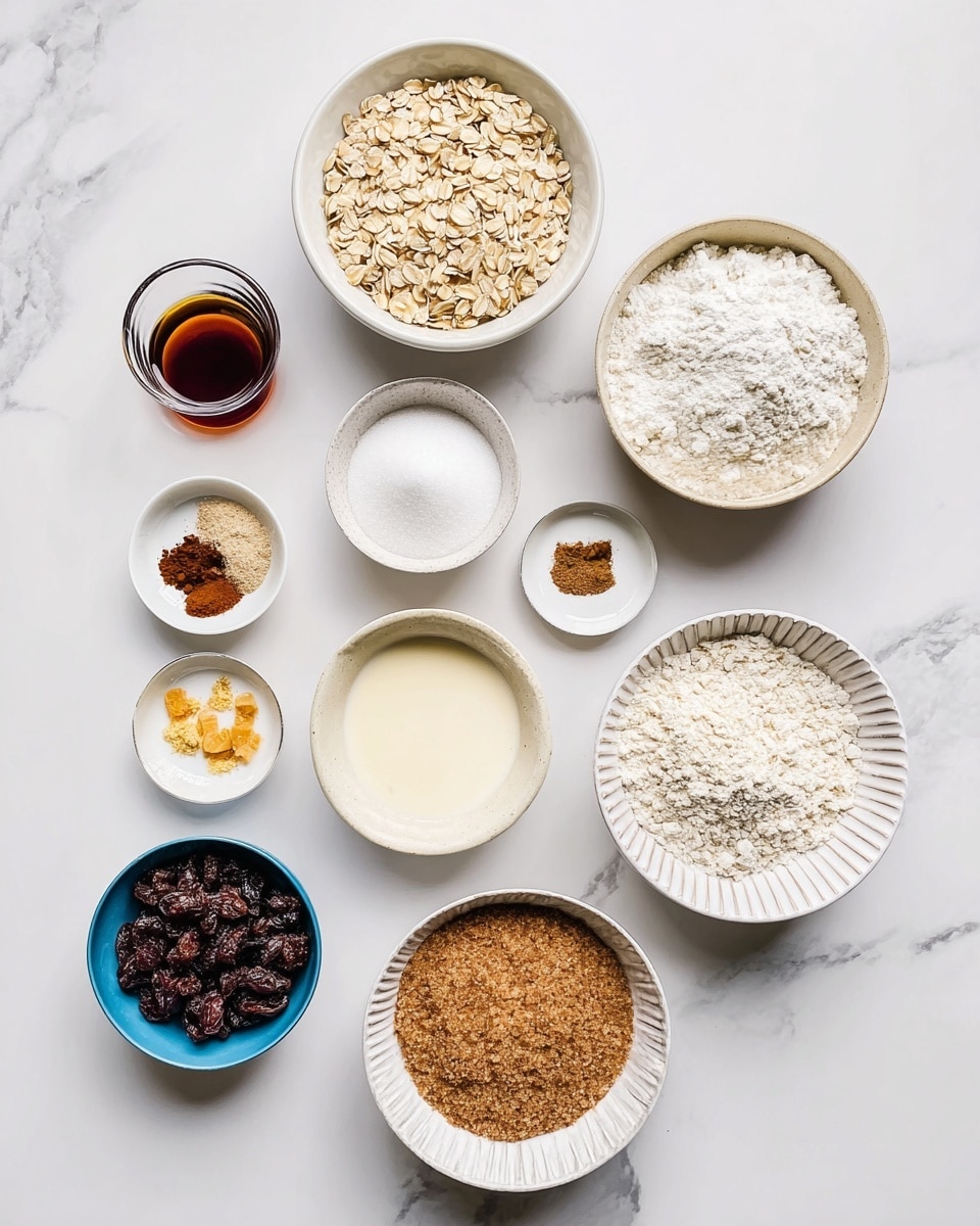 The image shows multiple small bowls and cups arranged on a white marbled surface, each holding different ingredients for baking. Starting from the top right, there is a white bowl filled with light beige rolled oats, next to it is a beige bowl with white flour. Below these, there is a white ribbed bowl filled with light brown soft sugar on the right and a similar bowl with white granulated sugar on the bottom side. In the middle, there is a beige bowl with a white solid fat-like substance. Smaller bowls and cups are scattered on the left side: a small glass cup with dark brown liquid, a small clear bowl with a white powder, another glass bowl with a creamy light tan liquid, a small white dish with ground spices including brown cinnamon and yellow ginger, and a bright blue bowl at the bottom left filled with dark brown raisins. The items are neatly placed showing a variety of textures and colors, all on a clean white marbled surface. Photo taken with an iphone --ar 4:5 --v 7