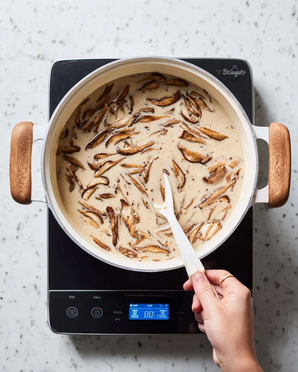 The image shows a white pot with two wooden handles sitting on a black electric stove with a blue digital screen. Inside the pot, there is a creamy light beige sauce with many thin slices of brown mushrooms floating in it. A woman's hand is holding a white spoon stirring the sauce gently. The background surface is a white marbled texture. photo taken with an iphone --ar 4:5 --v 7