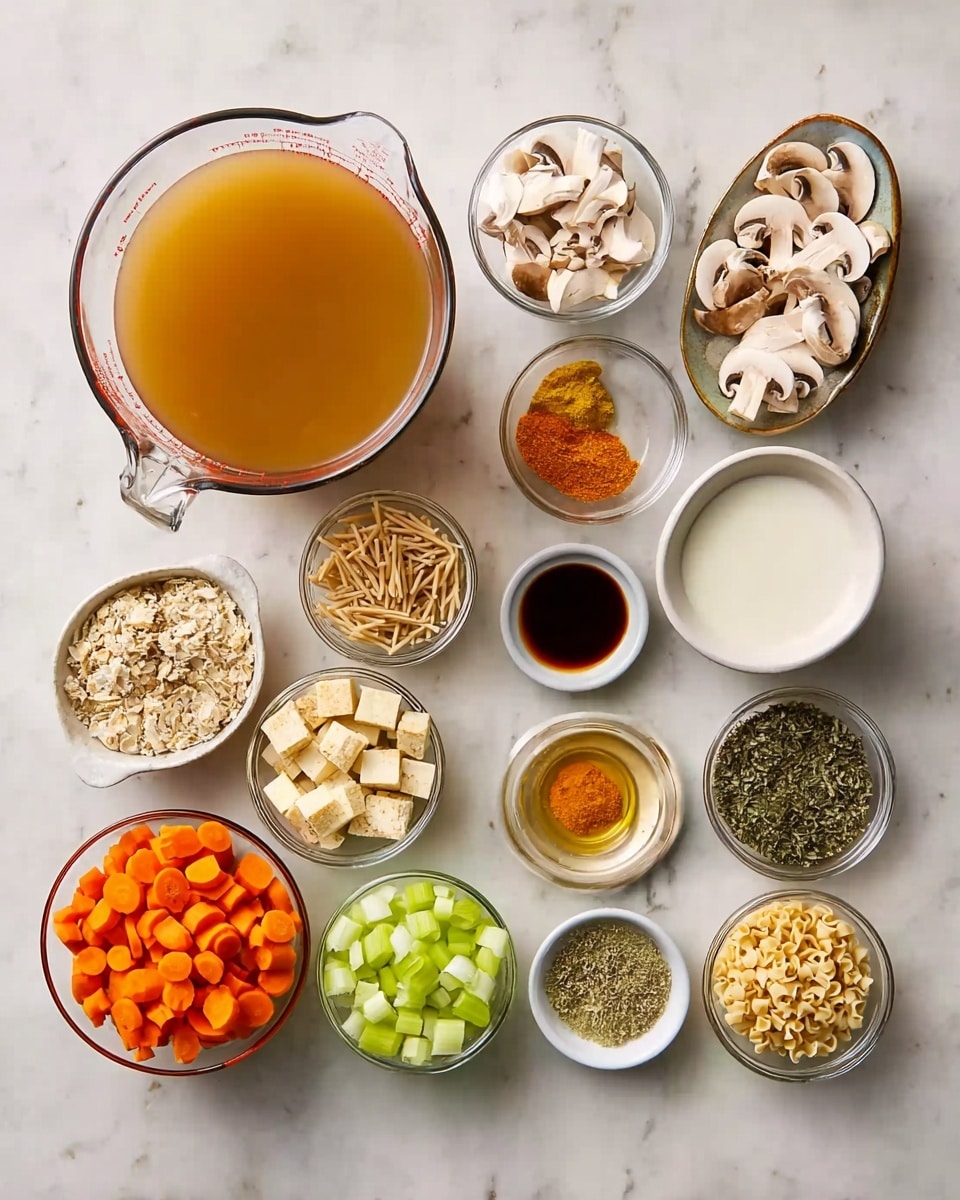 The image shows 14 clear glass bowls arranged on a white marbled surface, each holding different ingredients. At the top left is a large glass measuring cup filled with light brown broth. To its right are slices of white mushrooms in a bowl. Below the broth, there is a small bowl with light brown sticks, a small mix of orange powder, and a dark amber liquid in another tiny bowl. A white bowl of cream sits next to a bowl of white flour. Moving right, there are bright orange carrot slices, green celery pieces, wild rice mix, and cubed light brown tofu. Near the bottom are small bowls with diced white onions, dry toasted pasta sticks, light tan powder, and green dried herbs. The bowls are spread neatly across the surface with clear textures showing the shape and colors of each ingredient photo taken with an iphone --ar 4:5 --v 7