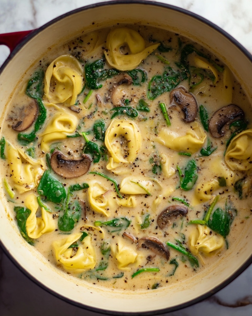 The image shows a white pot filled with creamy soup containing yellow tortellini pasta, dark brown mushroom slices, and bright green spinach leaves. The soup is light beige, smooth, and slightly thick, with visible specks of herbs and black pepper floating on the surface. The tortellini pieces are scattered evenly throughout the soup, some partially submerged, while the spinach leaves and mushrooms add color contrast. The pot sits on a white marbled surface. photo taken with an iphone --ar 4:5 --v 7