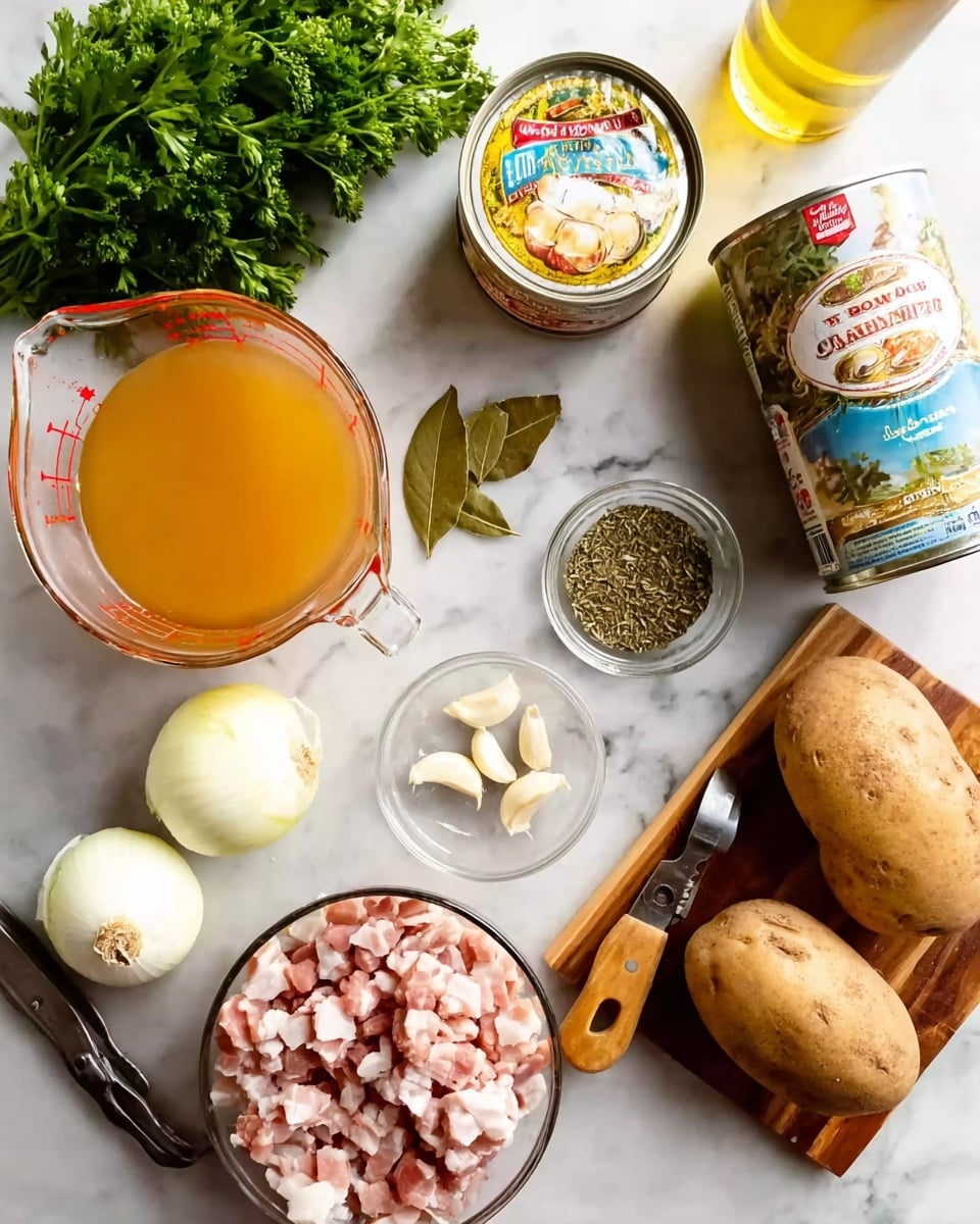 The image shows a group of cooking ingredients spread on a white marbled surface. On the left side, there is a small bunch of green parsley, half an onion with white layers, and a clear glass measuring cup filled with orange broth. Next to these, a glass bowl contains raw diced bacon, adding some pink and white texture. Above the bacon, there is a small bowl of dried green herbs and two bay leaves nearby. Three garlic cloves are placed near the center along with one whole white onion. A can of chopped clams with bright-colored label is near the top center. To the right, a wooden board holds two brown potatoes and a metal potato peeler. A bottle of light-colored liquid is partially visible near the top right edge. photo taken with an iphone --ar 4:5 --v 7