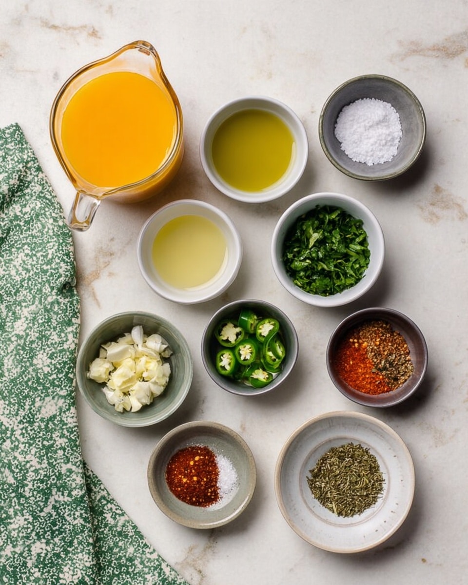 The image shows twelve small bowls and a pitcher on a white marbled surface. The pitcher contains bright orange liquid and is placed in the top left. Around it, there are small white and metal bowls holding various ingredients: a bowl of light yellow oil, pale green liquid, green chopped herbs, finely chopped white garlic, sliced green jalapeño peppers, coarse ground black pepper, reddish-brown powder, white granulated salt, a bowl with light beige powder, crushed red chili flakes, reddish chili powder, brown spices, and dried green herbs. A green and white patterned cloth is partially visible on the left side of the image. Photo taken with an iphone --ar 4:5 --v 7