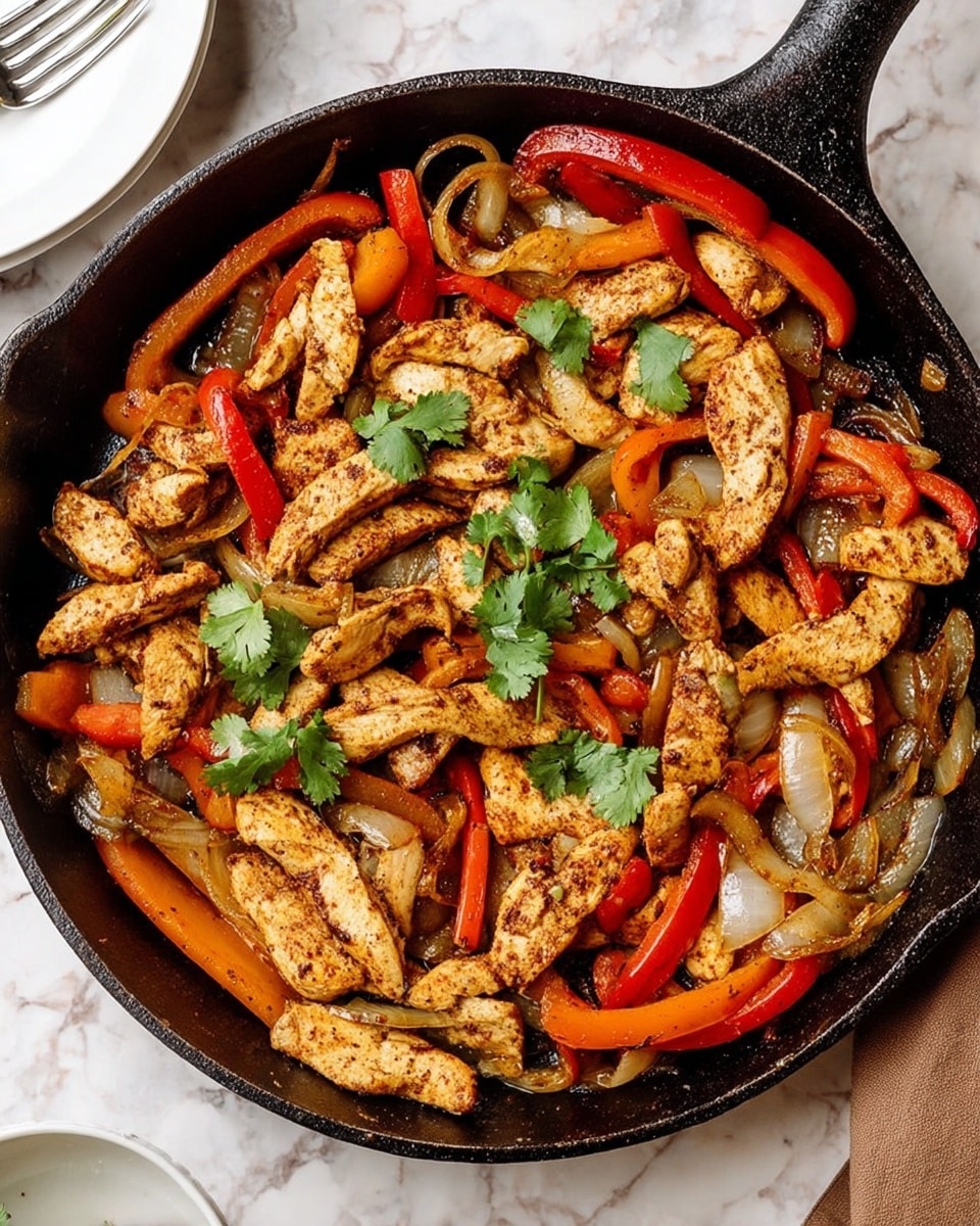 The image shows a black cast iron skillet filled with cooked chicken strips mixed with red and orange bell peppers and sautéed onions. The chicken pieces are light brown with a slightly charred texture, while the bell peppers add bright red and orange colors in long, thin slices. The onions are translucent with some darker caramelized parts. Fresh green cilantro leaves are scattered on top as a garnish, adding a pop of color. The skillet is placed on a white marbled surface with a small part of a white bowl and a woman's hand holding a fork visible in the upper left corner. photo taken with an iphone --ar 4:5 --v 7