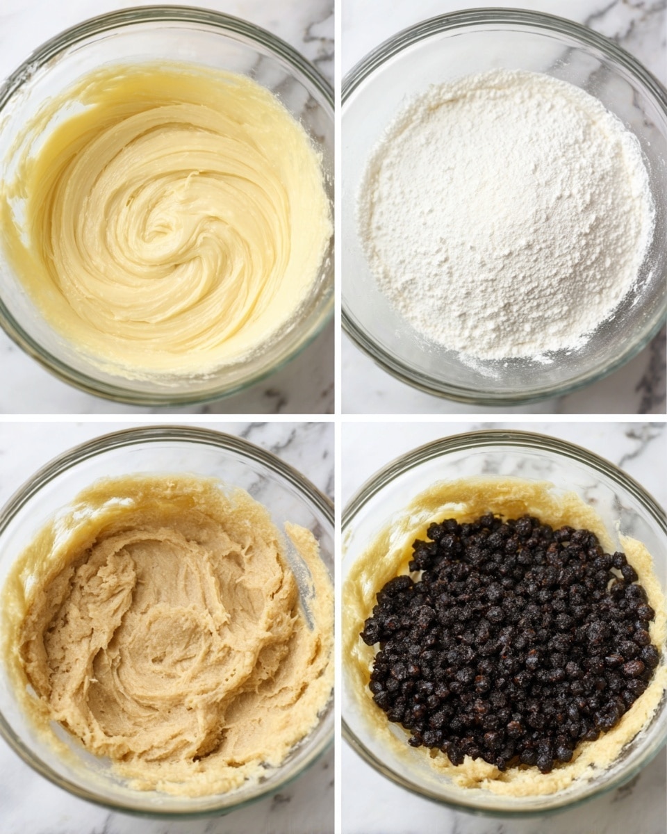 The image shows four stages of mixing ingredients in a clear glass bowl placed on a white marbled surface. The first stage shows a smooth pale yellow batter covering the bottom of the bowl with soft swirls on top. The second stage shows a dusting of white powdered sugar or flour spread evenly over the batter, creating a thin white layer on the surface. The third stage reveals the batter mixed into a thicker light brown dough with a slightly rough texture, filling most of the bowl. The fourth stage has the same dough base with a large pile of dark brown or black small berries or dried fruit heaped on one side of the dough inside the bowl. photo taken with an iphone --ar 4:5 --v 7