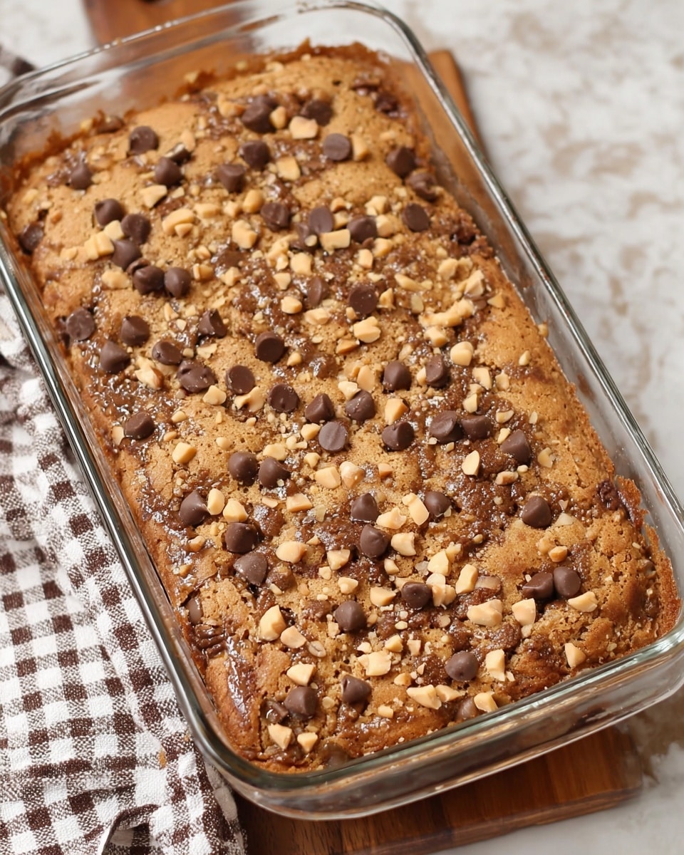 The image shows a baked dessert in a clear glass rectangular dish with one layer. The top layer is golden-brown with a slightly rough texture, covered with a mix of glossy milk chocolate chips and small chopped light beige nuts scattered unevenly across the surface. The dish sits on a white marbled texture surface with a checkered cloth partially visible next to it. Photo taken with an iphone --ar 4:5 --v 7