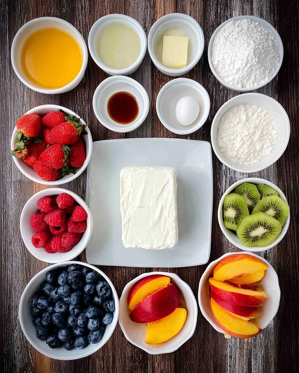 The image shows a top view of various ingredients arranged neatly on a dark wooden surface. At the center is a white plate with a rectangular block of white cream cheese. Surrounding it are small white bowls filled with bright red strawberries, red raspberries, and dark blue blueberries on the bottom row. To the right are two white bowls with sliced peaches, showing bright orange and red colors, and green kiwi halves with a white center and black seeds. Above, there are more small white bowls containing white flour, yellow butter, white sugar, powdered sugar, and clear liquids like vanilla and oil, along with a white egg in a bowl. All ingredients are clearly separated by color and texture, placed in a tidy, organized way. The background is replaced with a white marbled texture. Photo taken with an iphone --ar 4:5 --v 7