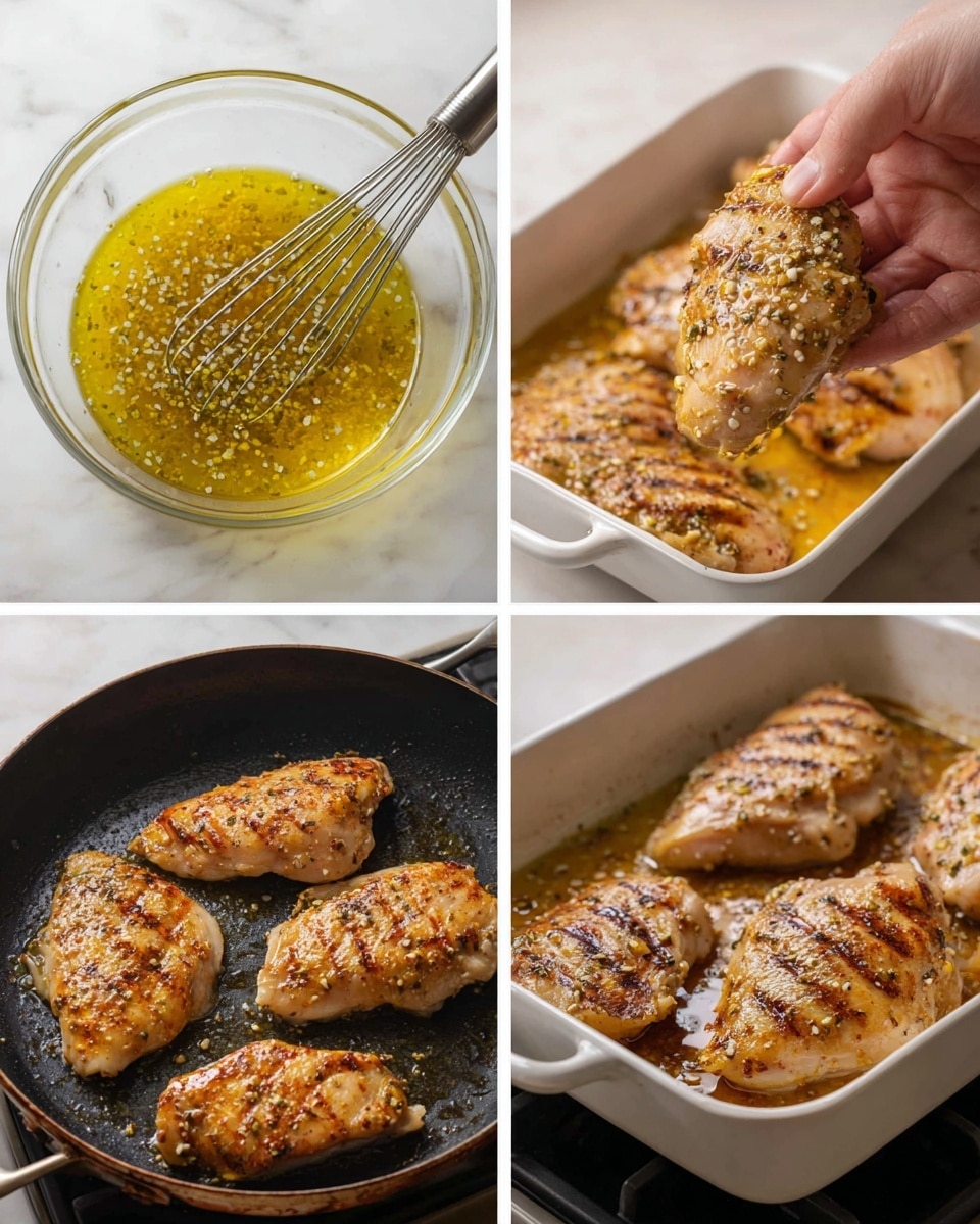 The image shows four steps of cooking chicken. The top left shows a clear glass bowl with yellow oil mixed with small white and black spice bits and a metal whisk. The top right features a woman's hand holding a raw chicken piece covered with the same yellow oil and spice mix, inside a white baking dish with more chicken pieces. The bottom left presents three raw chicken pieces in a black pan on a stove, shining with oil and spices. The bottom right displays the same chicken pieces now cooked with a brown crust forming on their surfaces, with grill marks and a crispy texture visible. In all images, the background is a white marbled texture. Photo taken with an iphone --ar 4:5 --v 7