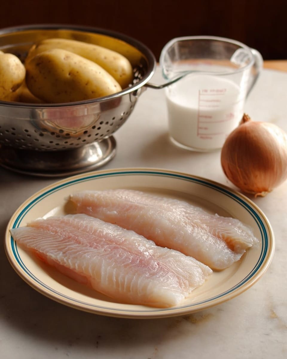 The image shows two raw fish fillets placed side by side on a cream-colored plate with a blue line near the edge. Behind the plate, there is a metal colander holding three yellow potatoes slightly blurred in the background. To the right of the colander, there is one whole onion resting on the white marbled surface. Further to the right, there is a clear glass measuring cup partially filled with white liquid. The setting is simple with warm, natural light. photo taken with an iphone --ar 4:5 --v 7