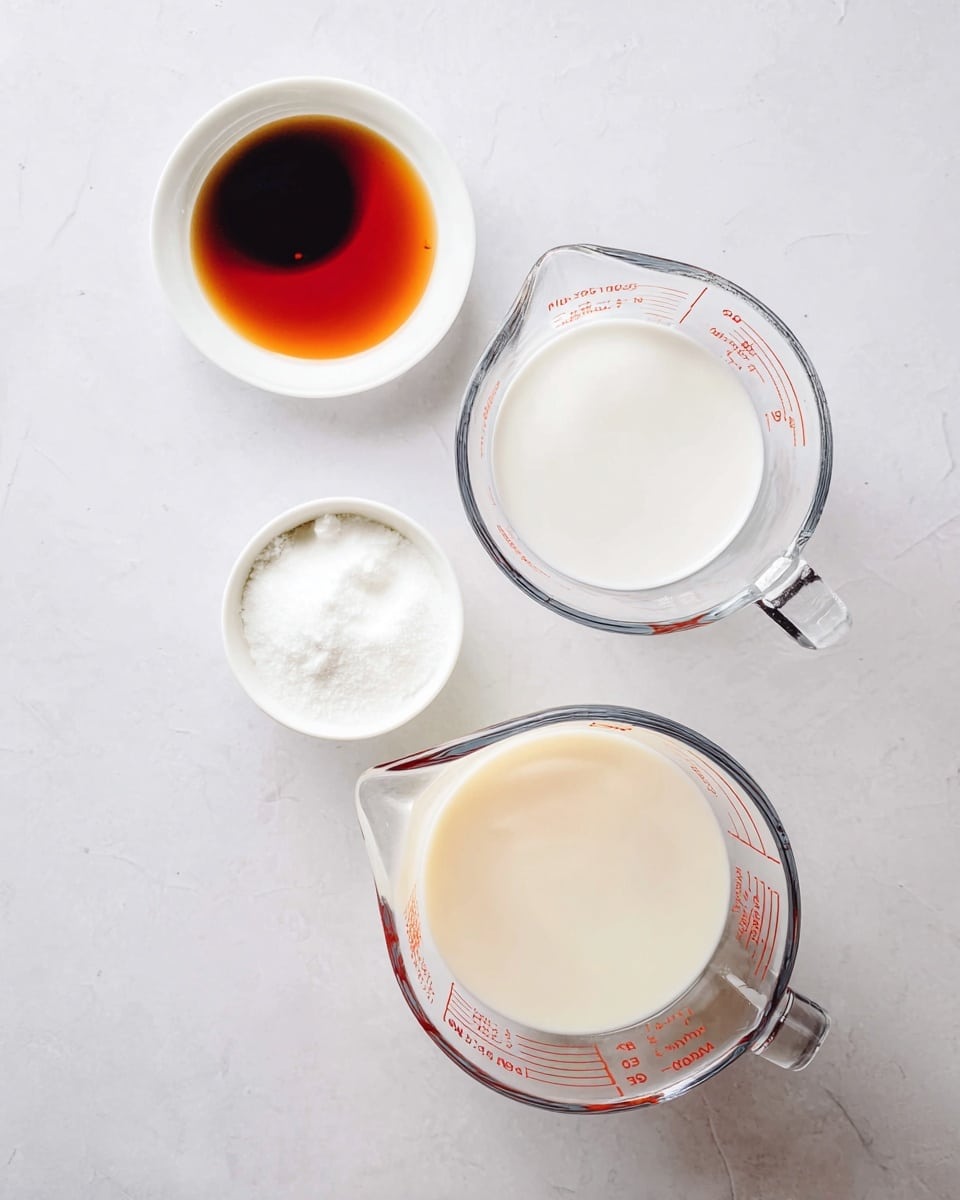 The image shows four containers on a white marbled surface. There is a small white bowl filled with a dark amber liquid at the top left, a smaller white bowl with a white powdery substance at the bottom left, a glass measuring cup with a clear white liquid near the top right, and another glass measuring cup with a larger amount of creamy white liquid near the bottom center. The glass cups have red measurement markings on them. The scene is minimal and clean, viewed from above. photo taken with an iphone --ar 4:5 --v 7