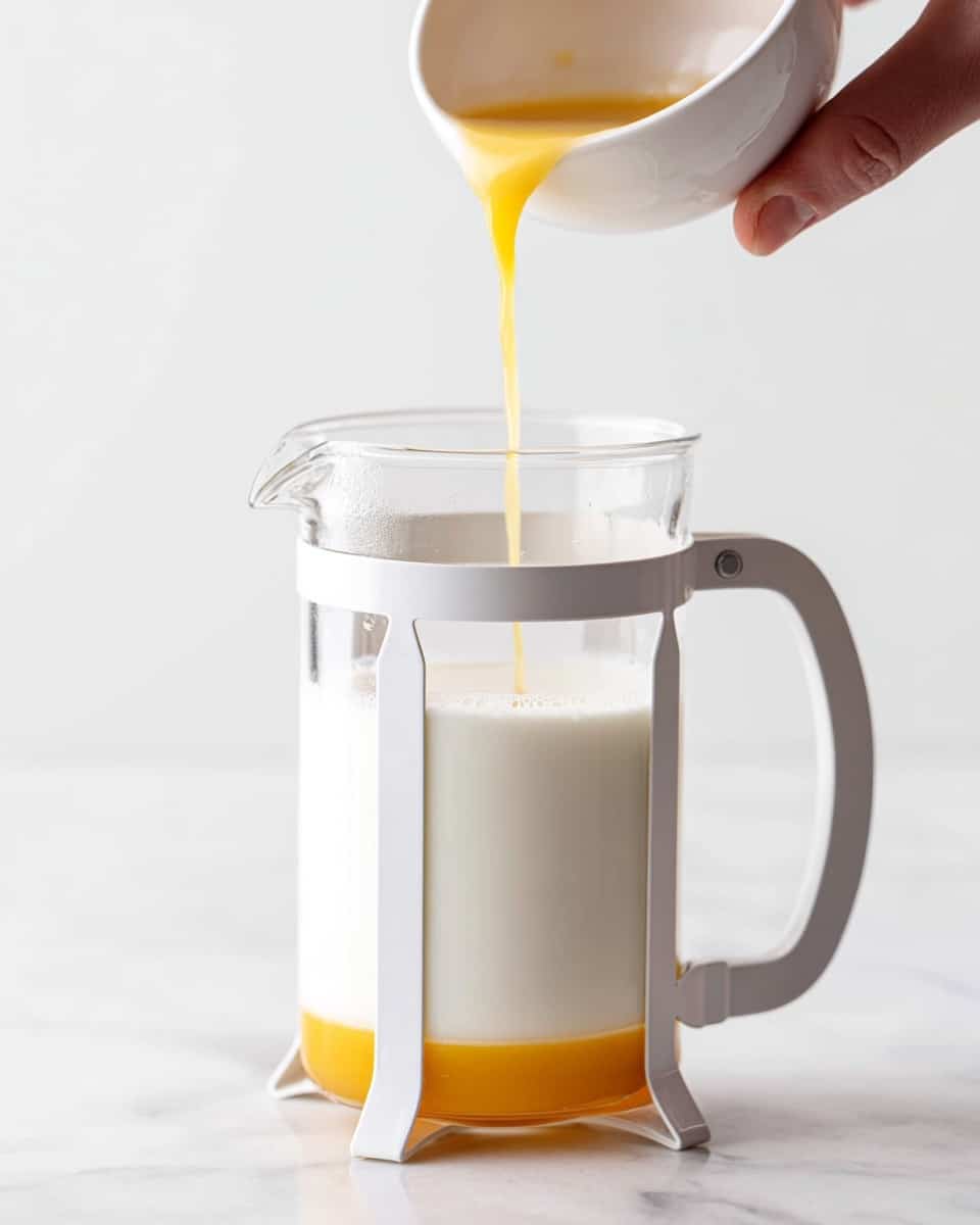 The image shows a clear glass French press with a white frame and handle placed on a white marbled surface. Inside the French press, a layer of white milk fills about one-third of the container at the bottom. Above the milk, a golden-yellow liquid, likely egg yolk mixture or sauce, is being poured from a small white bowl held by a woman's hand positioned at the top right corner of the image. The background is clean and white, emphasizing the colors and textures of the liquids and the French press. Photo taken with an iphone --ar 4:5 --v 7