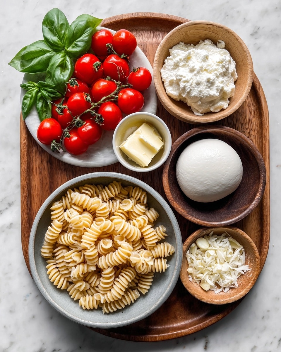 A round wooden tray holds several bowls and a plate, all arranged neatly on a white marbled surface. In front is a gray bowl full of light beige spiral pasta. To the right, a small dark wooden bowl contains a smooth ball of white mozzarella cheese, while just above it is a larger light wooden bowl filled with white ricotta cheese. Near the center, a small round bowl with pale yellow butter sits beside a small white bowl of finely grated white cheese. At the top right, there is a small white bowl with chopped garlic, and to the left of that, a round white plate with bright red cherry tomatoes still on the green vine scattered over fresh green basil leaves. Photo taken with an iphone --ar 4:5 --v 7