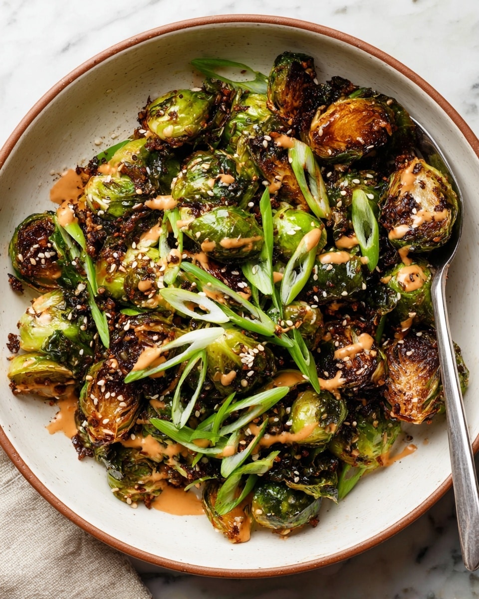 Creamy Sriracha Brussels Sprouts with Scallions and Sesame Seeds Recipe