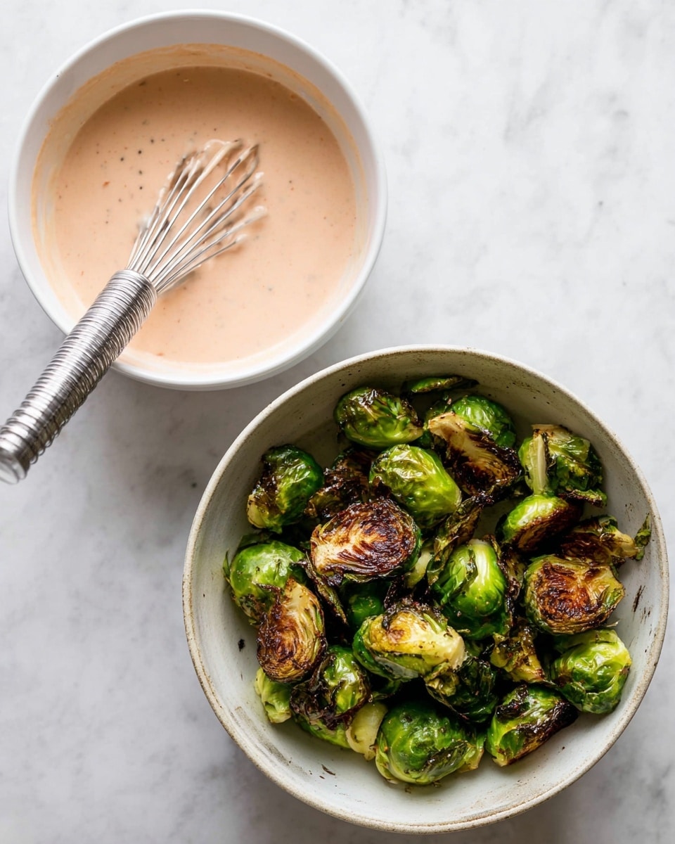 The image shows two white bowls on a white marbled surface. The left bowl contains a light pink creamy sauce with a smooth texture and a metal whisk resting inside, partially dipped in the sauce. The right bowl is filled with roasted Brussels sprouts that have a mix of bright green and browned crispy outer leaves, some showing charred spots for added texture. Photo taken with an iphone --ar 4:5 --v 7