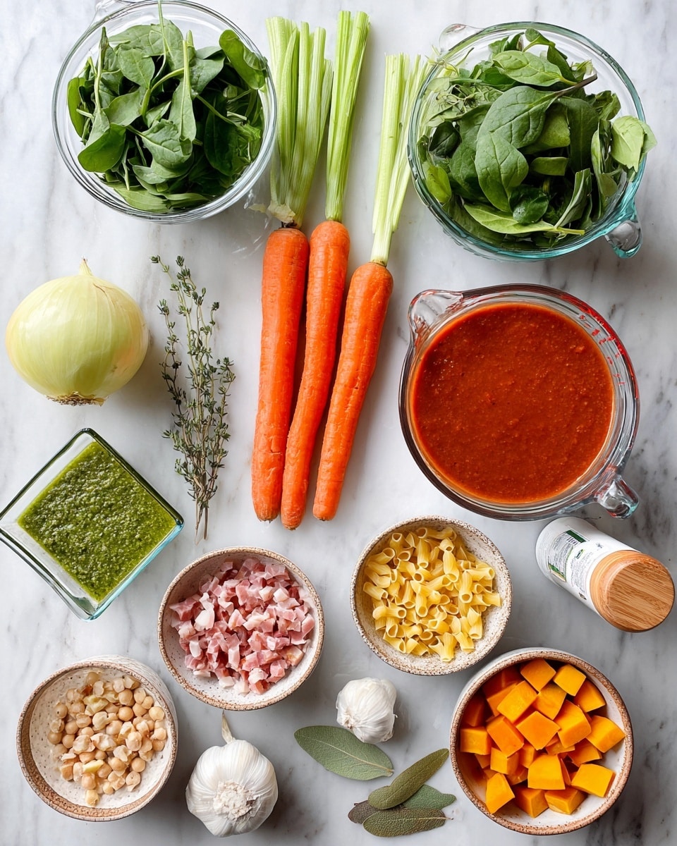 A top-down view of various fresh ingredients arranged on a white marbled surface, including three whole orange carrots and three green celery sticks placed in the center-left, next to a large unpeeled yellow onion. To the left are two glass bowls filled with green leafy vegetables, with one containing spinach and the other arugula. On the right side, there is a clear measuring cup filled with thick red tomato sauce near another larger measuring cup filled with light brown broth. Below them, a small bowl holds diced pink and white pancetta, next to it a bowl with small uncooked yellow pasta. Nearby are two small rustic bowls, one with cubed bright orange butternut squash and the other with white beans. A single bulb of garlic sits between these bowls and the celery. A square clear glass dish of green pesto is positioned at the bottom left. Scattered fresh thyme sprigs and a single dried bay leaf lie near the carrots. A wooden salt bowl with a tiny wooden spoon and a wooden pepper grinder are placed in the upper right corner. A bottle of green-capped white container is partially visible on the far right. photo taken with an iphone --ar 4:5 --v 7