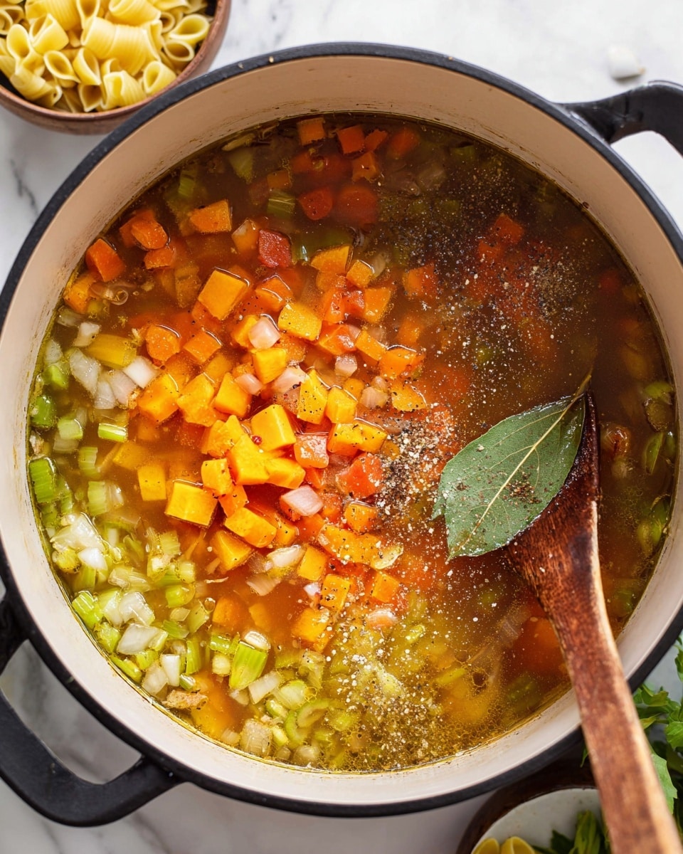 A close-up view of a large black-rimmed white pot filled with a colorful soup in the middle of cooking, showing layers of diced orange carrots and yellow squash in the center, surrounded by broth with chopped green celery, orange carrots, white onions, and small green herbs. A dark green bay leaf floats on the right side next to a wooden spoon resting inside the pot. The broth has a mix of red from tomatoes and light golden oil, with visible black pepper and salt sprinkled over the vegetables. The pot sits on a white marbled surface with a bowl of small yellow pasta and leafy greens slightly visible nearby photo taken with an iphone --ar 4:5 --v 7