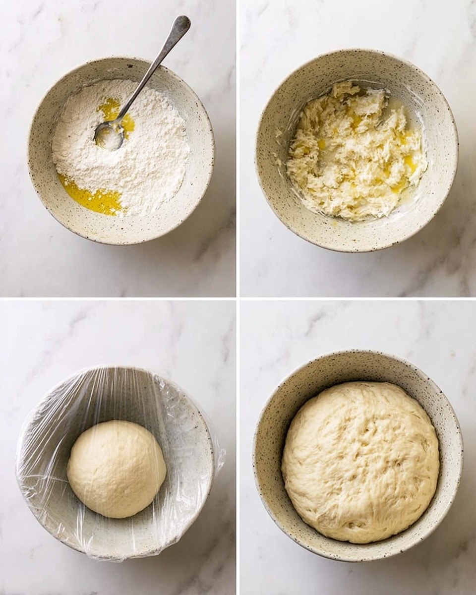 A series of four images shows the process of making dough in a speckled bowl on a white marbled surface. The top left image displays a mixture of white flour and yellow oil with a spoon resting inside the bowl. The top right image shows the mixture partially stirred, with clumps of dough beginning to form and the spoon still inside. The bottom left image presents a smooth, round ball of dough placed in the bowl, now covered with clear plastic wrap. The bottom right image reveals the dough after rising, much larger, round, fluffy, and textured with small air bubbles, still inside the same bowl. photo taken with an iphone --ar 4:5 --v 7