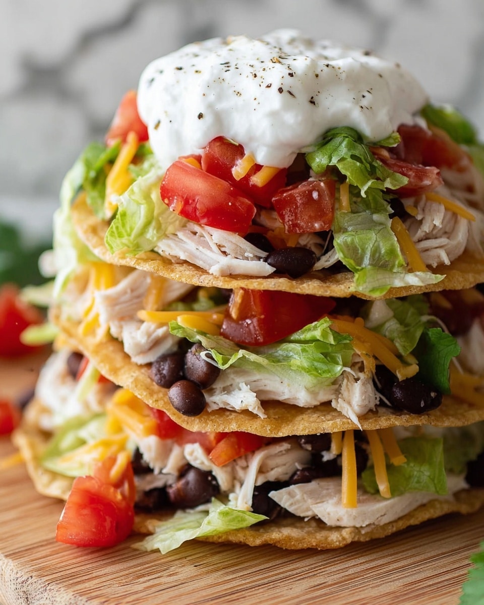 A stack of three crispy taco shells, each layered with shredded white chicken, dark black beans, shredded yellow and white cheese, chopped bright red tomatoes, and fresh green lettuce leaves. Each taco shell looks round and crunchy, with the layers of ingredients spilling out slightly, topped with a large dollop of white sour cream sprinkled with black pepper on the top. The tacos are placed on a wooden surface with a soft focus background featuring a white marbled texture. Photo taken with an iphone --ar 4:5 --v 7