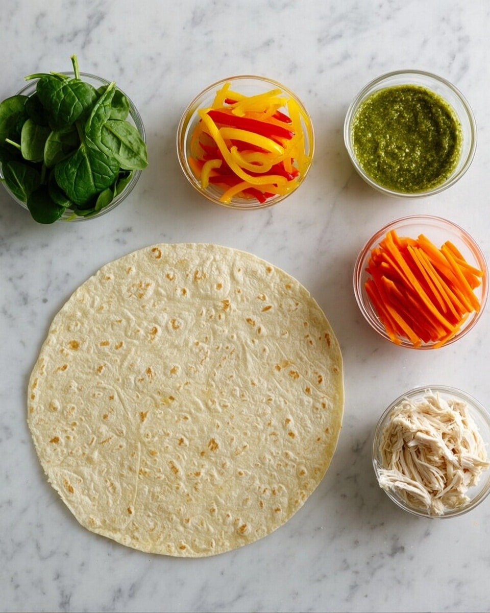 A large round tortilla lays flat on a white marbled surface in the center of the image. Surrounding it are five small clear glass bowls; one at the top right holds green sauce with a smooth texture, the bowl below it contains thin strips of yellow and red bell peppers, the bowl to the right holds thin orange carrot sticks, the bowl at the bottom center holds shredded white chicken, and the bowl to the left contains fresh green spinach leaves. The arrangement is neat and clean, focusing on the fresh ingredients ready to be assembled. Photo taken with an iphone --ar 4:5 --v 7