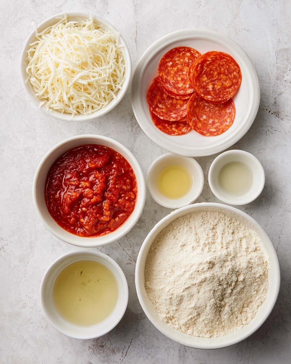 The image shows six small white bowls arranged on a white marbled surface. In the top left bowl, there is a pile of shredded white cheese with a soft texture. Below it, another white bowl holds several thin, round slices of bright red pepperoni with visible specks of fat. To the right of the cheese, two small white bowls contain clear liquids with yellow and light beige tones. Below them is a white bowl filled with a red chunky tomato sauce mixed with herbs, showing a moist texture. At the bottom right, a large white bowl is filled with pale, fine flour that has a slightly uneven surface. The layout is neat with each ingredient separated. Photo taken with an iphone --ar 4:5 --v 7