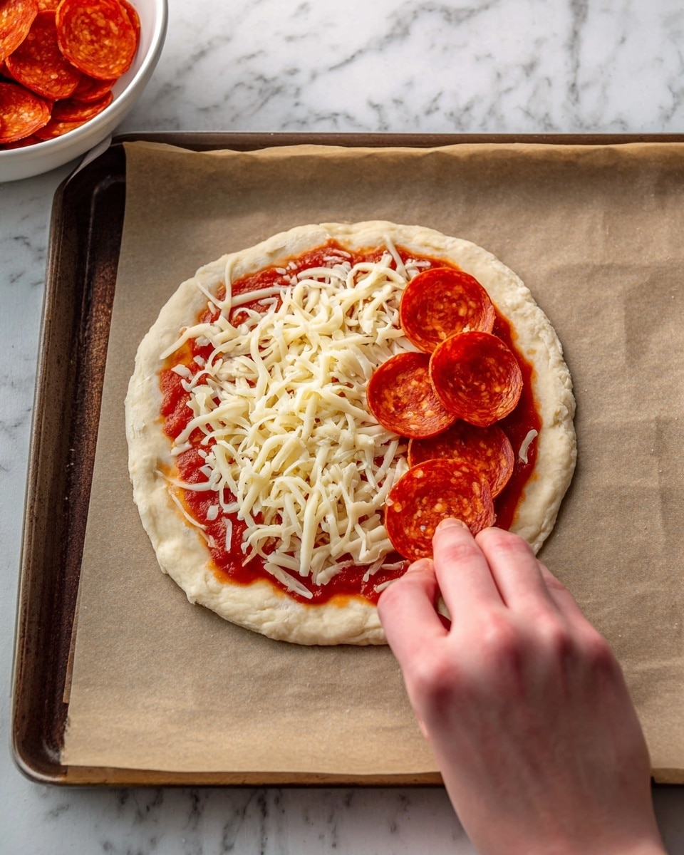 A small round pizza with three layers: the bottom layer is a pale beige dough with a slightly raised edge, the middle layer is bright red tomato sauce spread evenly over the dough, and the top layer is scattered with white shredded cheese strands. A woman's hand is placing a round, reddish-orange slice of pepperoni on the right side of the pizza. Below the pizza, there is a white bowl partially visible, filled with more round pepperoni slices. The pizza is on a baking tray lined with light brown parchment paper, all set on a white marbled surface. Photo taken with an iphone --ar 4:5 --v 7