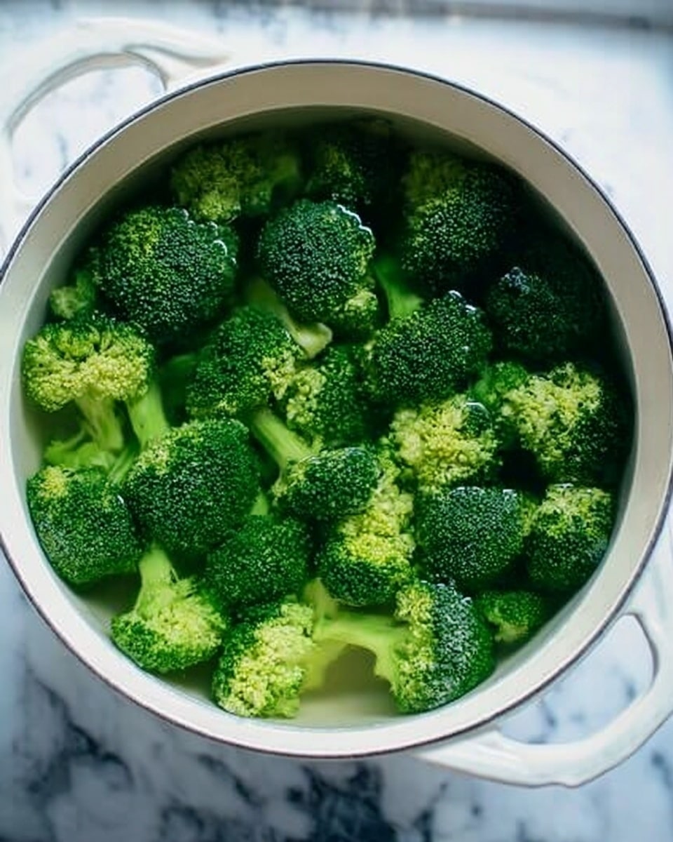 A white pot filled with water and bright green broccoli florets inside, with the broccoli floating evenly across the surface. The pot is sitting on a stove with a white marbled surface around it. The broccoli pieces vary in size and show a fresh, slightly textured look with tiny buds on top. photo taken with an iphone --ar 4:5 --v 7
