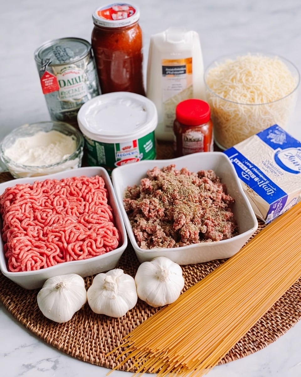 The image shows a group of ingredients arranged on a light brown woven mat over a white marbled surface. There are two white trays with different types of ground meat, one plain pink and the other mixed with spices and herbs. Two whole garlic bulbs are placed in front of the meat. To the right, there is a bunch of uncooked spaghetti lying flat. Behind the meat, several containers are stacked: a jar of red sauce, a white tub of ricotta cheese, a small container of red-capped Italian seasoning, a white tube of sour cream, a small white box of cream cheese, and a white bag of shredded mozzarella cheese standing upright. The colors are mostly red, white, and beige with some green from packaging. photo taken with an iphone --ar 4:5 --v 7