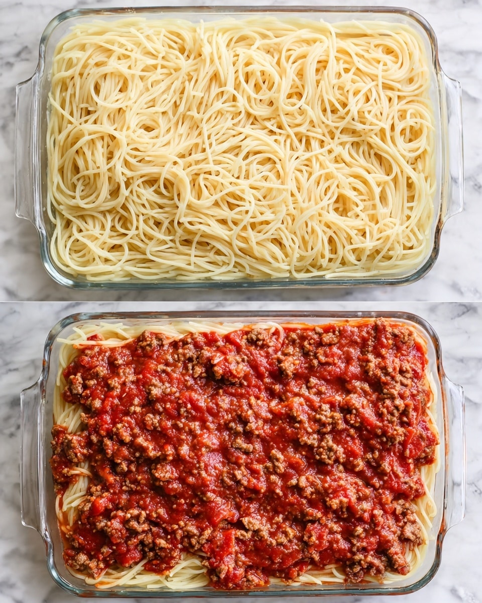 The image shows a rectangular glass baking dish on a white marbled surface. The dish has two layers: the bottom layer is plain cooked spaghetti with a light beige color and smooth texture, evenly spread across the dish. The top layer is a thick, chunky meat tomato sauce in a rich red color with visible bits of ground meat scattered all over the spaghetti. The sauce layer covers the spaghetti entirely, creating a contrast between the pale noodles underneath and the vibrant red sauce above. Photo taken with an iphone --ar 4:5 --v 7