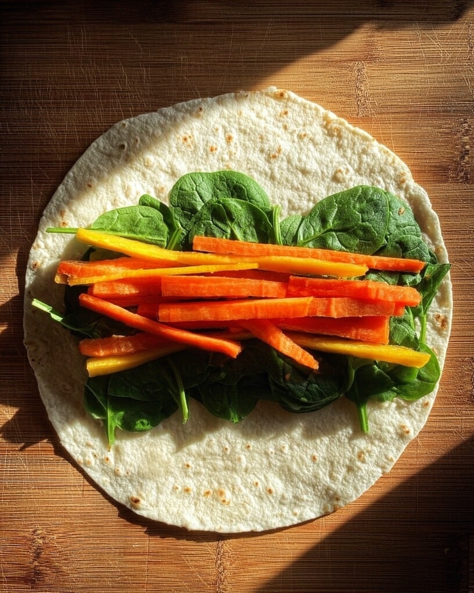 A white tortilla laid flat on a wooden surface with a layer of fresh green spinach leaves spread in the middle, topped with two layers of thin carrot sticks, with a mix of orange and yellow colors, arranged neatly from one side to the other. The scene is bathed in warm sunlight, highlighting the fresh textures of the spinach and carrots. Photo taken with an iphone --ar 4:5 --v 7
