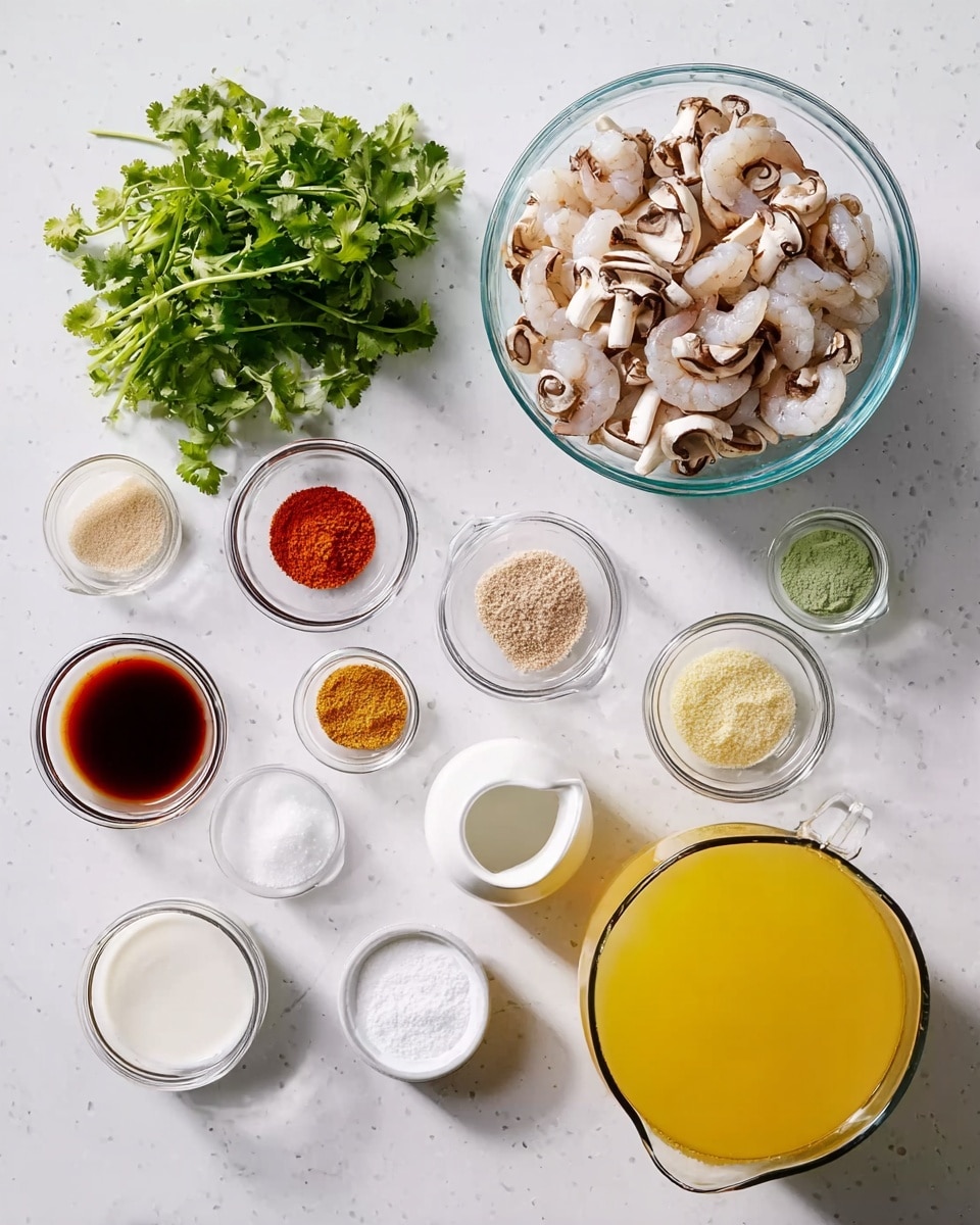 The image shows a white marbled surface with ingredients for a recipe neatly placed. There is a bunch of fresh green cilantro on the left side. Next, a clear glass bowl filled with peeled and deveined raw shrimp sits near the center top. Below it, a larger clear glass bowl contains sliced shiitake mushrooms, showing their light brown stems and white insides. Around these bowls, there are smaller clear glass bowls and containers holding various ingredients: a dark brown liquid, a light yellow paste (likely ginger), a reddish powder, a light green paste, a pale beige powder, two small white containers with coconut milk, a small bowl with a white powder (probably starch), and a big clear jug filled with golden yellow broth or juice. The arrangement is orderly, with ingredients spaced neatly. The setting is clean and bright. Photo taken with an iphone --ar 4:5 --v 7