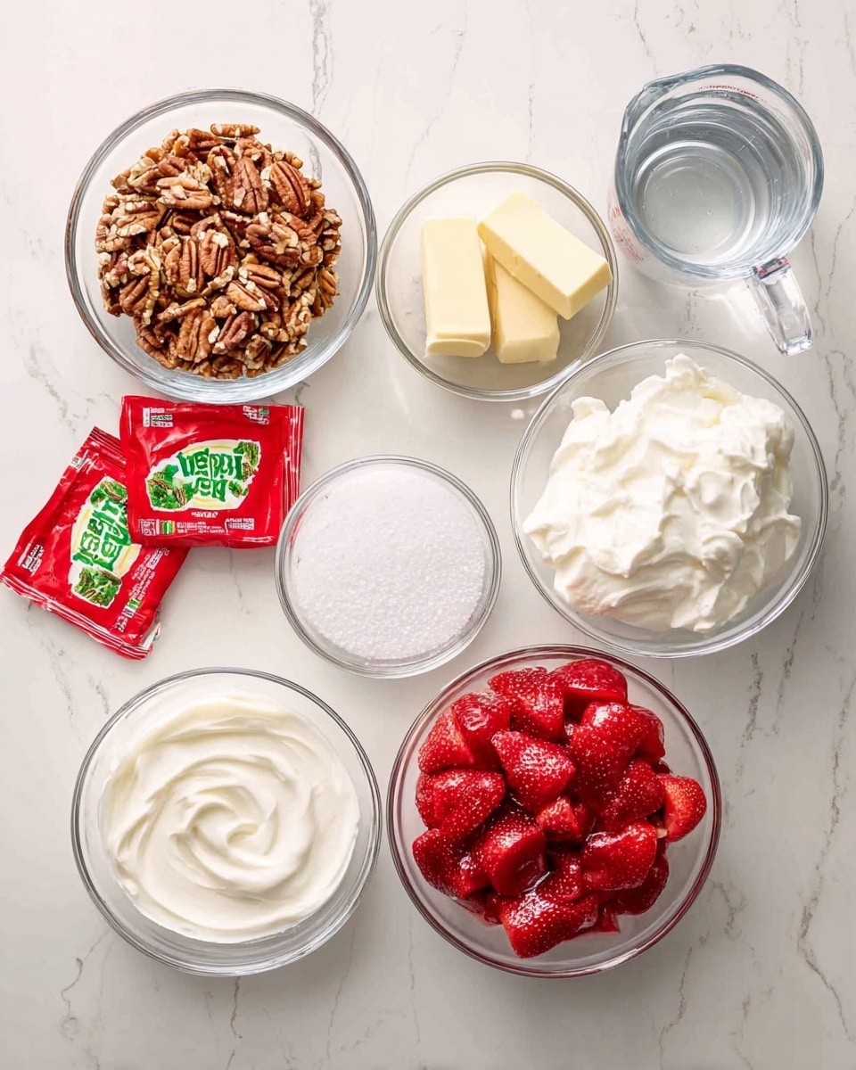 The image shows nine clear glass bowls arranged on a white marbled surface, each containing a different ingredient. Starting from the top left, the first bowl is filled with chopped pecans, light brown and textured. Below it, a smaller bowl contains two pale yellow sticks of butter. To the right of the pecans is a bowl of white granulated sugar. Next to the sugar, two red Jell-O packets with green labels lie flat on the surface. Above the packets, a bowl holds white whipped cream, soft and fluffy. Beside that is another bowl with smooth sour cream that is white and creamy. On the far right is a larger bowl filled with frozen strawberries, bright red with a frosty appearance. Between the strawberries and the butter is a small bowl with white cream cheese, thick and soft. Above the strawberries, a clear glass measuring cup contains water, almost full and transparent. The entire setup is neat and evenly spaced. Photo taken with an iphone --ar 4:5 --v 7
