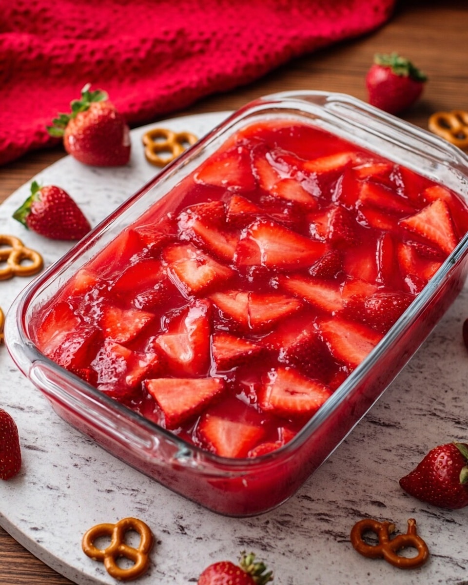 A clear glass rectangular baking dish holds a single layer of bright red sliced strawberries covered with a shiny red jelly glaze, sitting on a white marbled surface. The strawberry slices are fresh, evenly spread, and coated with the glossy jelly that gives a smooth texture and rich color. Around the dish, the surface has scattered whole strawberries, small pretzels, and a red cloth, creating a warm and cozy atmosphere. Photo taken with an iphone --ar 4:5 --v 7