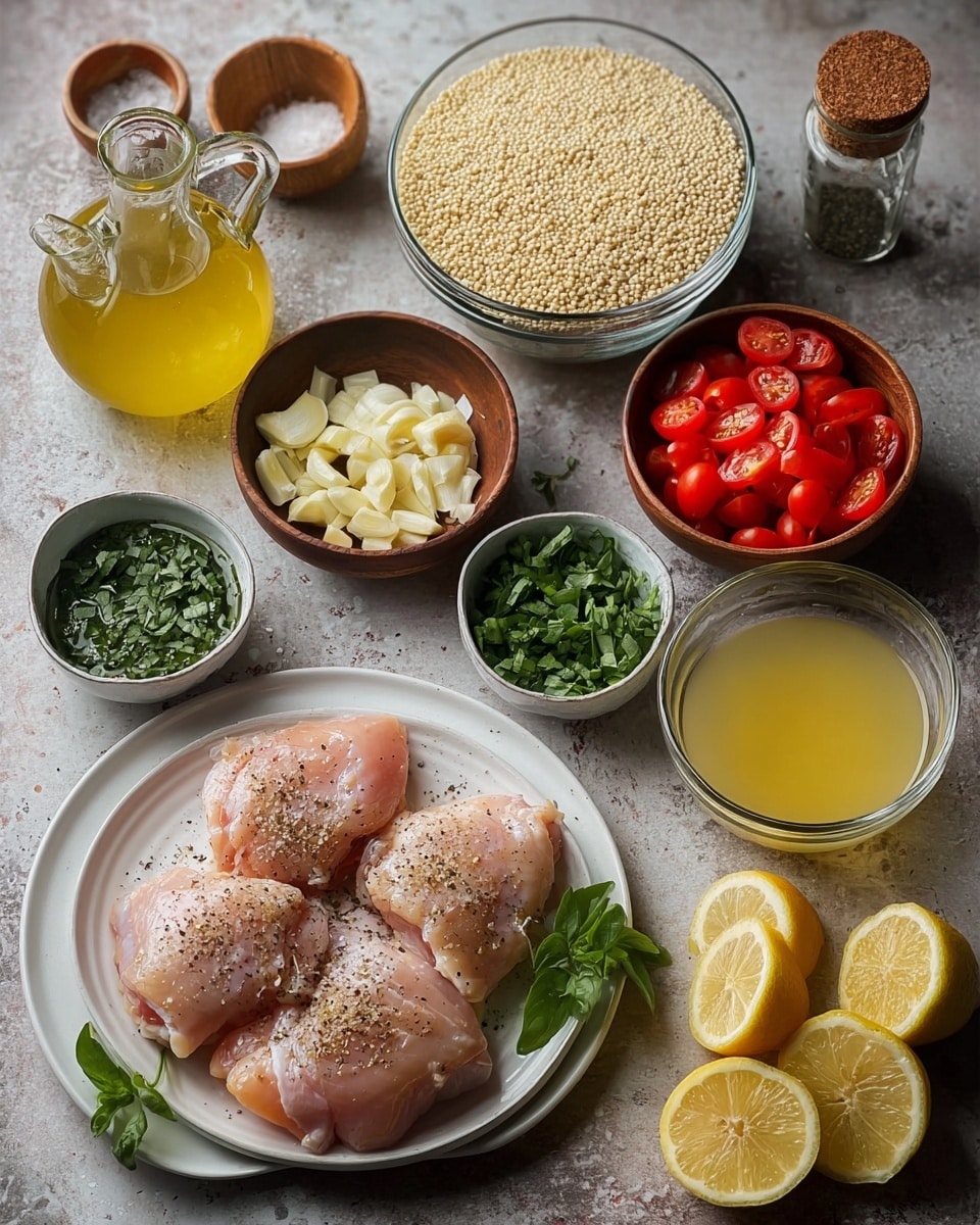 The image shows raw chicken pieces seasoned with pepper placed on a white plate with a small green herb on the side. Around it, there are several glass and wooden bowls filled with various ingredients: light beige grain in a large glass bowl, chopped garlic in a small glass bowl, small chopped green herbs in another glass bowl, halved bright red cherry tomatoes in two small white bowls, and fresh green leaves in a white bowl. There are also lemon halves beside the plate, a small jug and bowl of light yellow liquid, and small containers of salt, pepper, olive oil, and broth in a clear measuring cup. All items are arranged on a white marbled surface. photo taken with an iphone --ar 4:5 --v 7