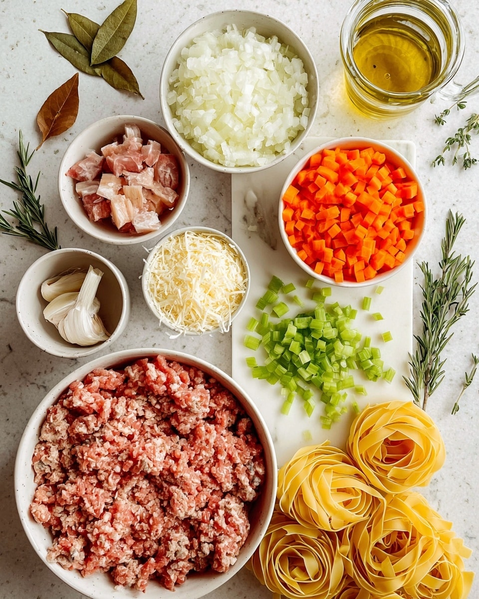 The image shows an overhead view of cooking ingredients neatly arranged on a white marbled surface. At the bottom left, there is a white bowl filled with raw minced meat with a pinkish-red color and a soft texture. To the right of this bowl, on a white cutting board, there are small chopped green celery pieces and bright orange diced carrots scattered in neat piles. Above the carrots, a large ceramic bowl holds finely chopped white onions. Beside it, a smaller ceramic bowl is filled with finely grated cheese, pale yellow in color. To the left, a small white bowl contains diced pieces of cooked meat with a mix of light brown and reddish tones. Near this, a small white plate holds whole garlic cloves and two brown bay leaves. On the top right, there are three nests of uncooked yellow pasta. In the bottom right corner, there is a transparent glass jar filled with golden cooking oil. Fresh sprigs of green rosemary and thyme lie next to the cutting board. Photo taken with an iphone --ar 4:5 --v 7