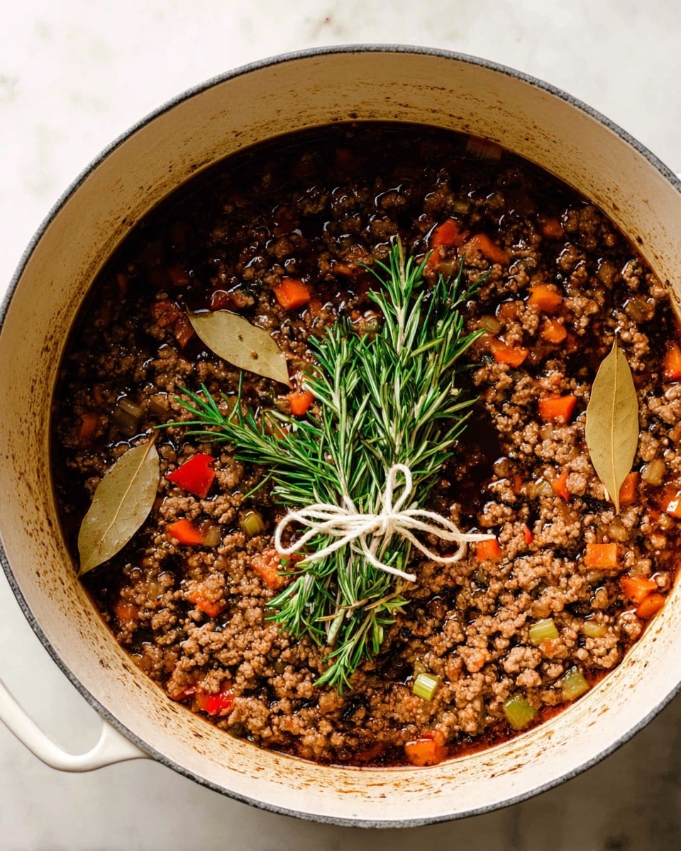 The image shows a white pot filled with a cooked mixture of browned ground meat and small pieces of orange carrots and light green celery, all simmering in a dark brown sauce. On top, there is a small bundle of fresh green rosemary sprigs tied with white string, along with two light brown dried bay leaves resting on the surface. The pot's inside shows slight browning near the edges, and the white marbled surface beneath the pot is visible. photo taken with an iphone --ar 4:5 --v 7