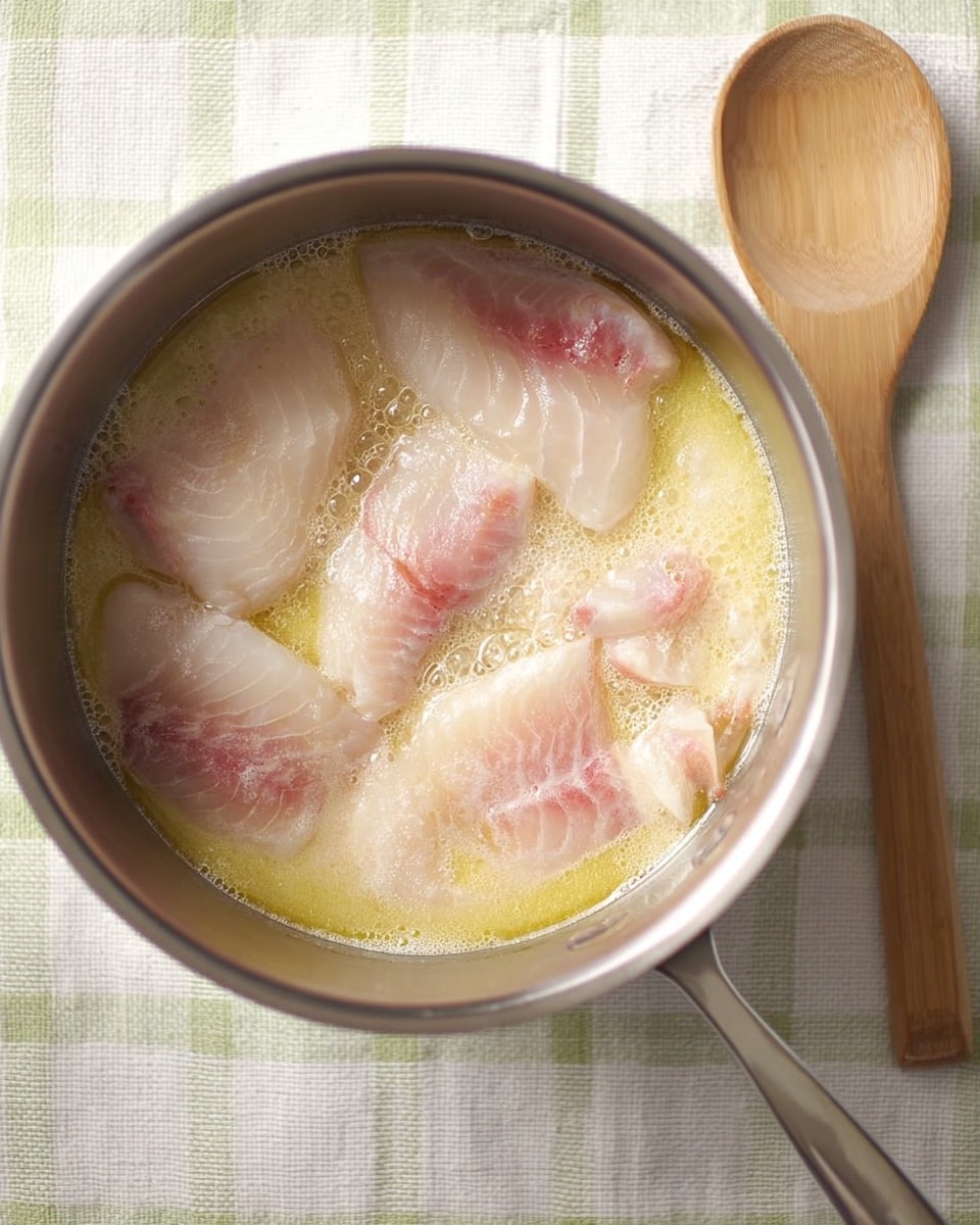A silver pot filled with raw pink fish fillets submerged in a layer of pale yellow creamy liquid, showing some light bubbles and oily texture on the surface, placed on a white marbled textured cloth with a light green and white checked pattern underneath, next to a wooden spoon with a smooth light brown texture on the right side, all viewed from above. photo taken with an iphone --ar 4:5 --v 7