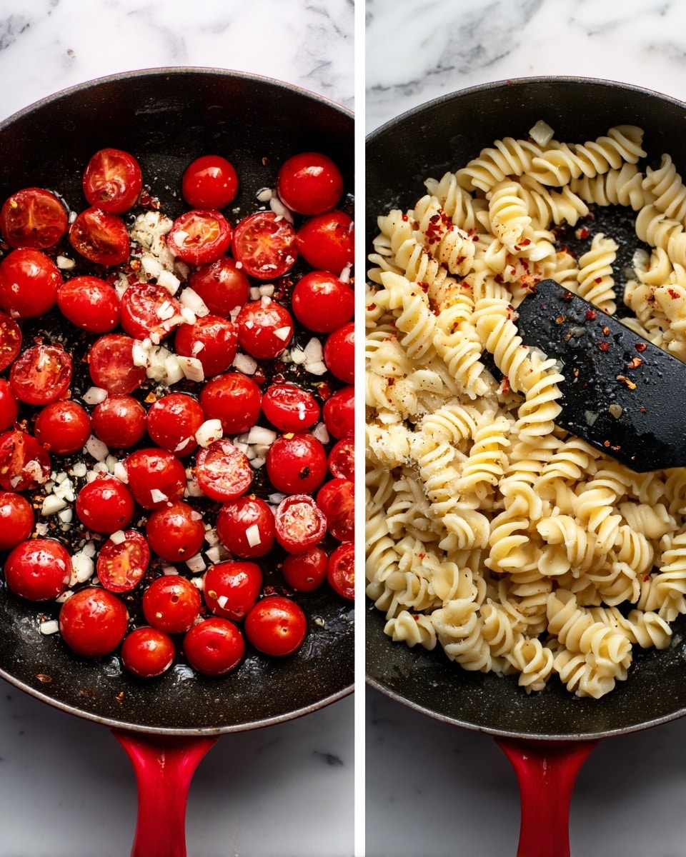 The first image shows a close-up of a black and red cast iron pan on a white marbled surface, filled with bright red cherry tomatoes and small pieces of chopped white garlic evenly spread around; the tomatoes have shiny skins that reflect light, and bits of crushed red pepper flakes scattered throughout add texture. The second image shows the same pan filled with light creamy spiral pasta mixed with some of the cherry tomatoes from the first image, the tomatoes softened and slightly burst, coating parts of the pasta, and a rustic black spatula resting inside, all on the same white marbled surface. photo taken with an iphone --ar 4:5 --v 7