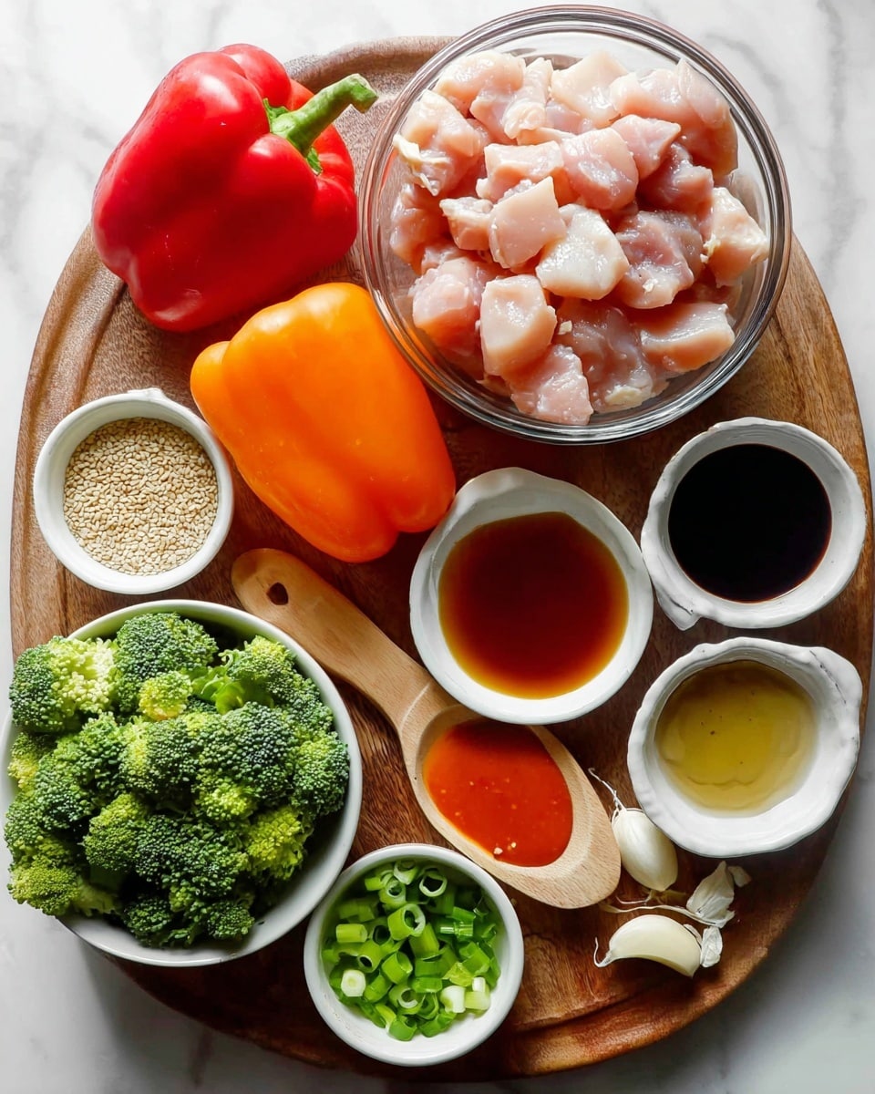 A round wooden board holds several ingredients arranged neatly on a white marbled surface. At the top center, there is a clear glass bowl filled with chunky, pale pink pieces of raw chicken. To the left of the bowl, two whole bell peppers sit side by side, one orange and one red, both with smooth, shiny skins. At the bottom left of the board, a white bowl is filled with bright green broccoli florets. Surrounding these main items are small white bowls and containers with sauces and spices: at the top right, a small white bowl with dark soy sauce, below it a bowl with light brown liquid, next to it a small container of sesame seeds. Below the chicken bowl, there is a tiny white bowl filled with bright green sliced green onions. On the right side of the board, three whole garlic cloves rest on a small wooden spoon, and across the bottom right, there is a small white bowl containing a reddish-orange sauce. The whole setup is bright and colorful, creating a fresh and appetizing display. Photo taken with an iphone --ar 4:5 --v 7
