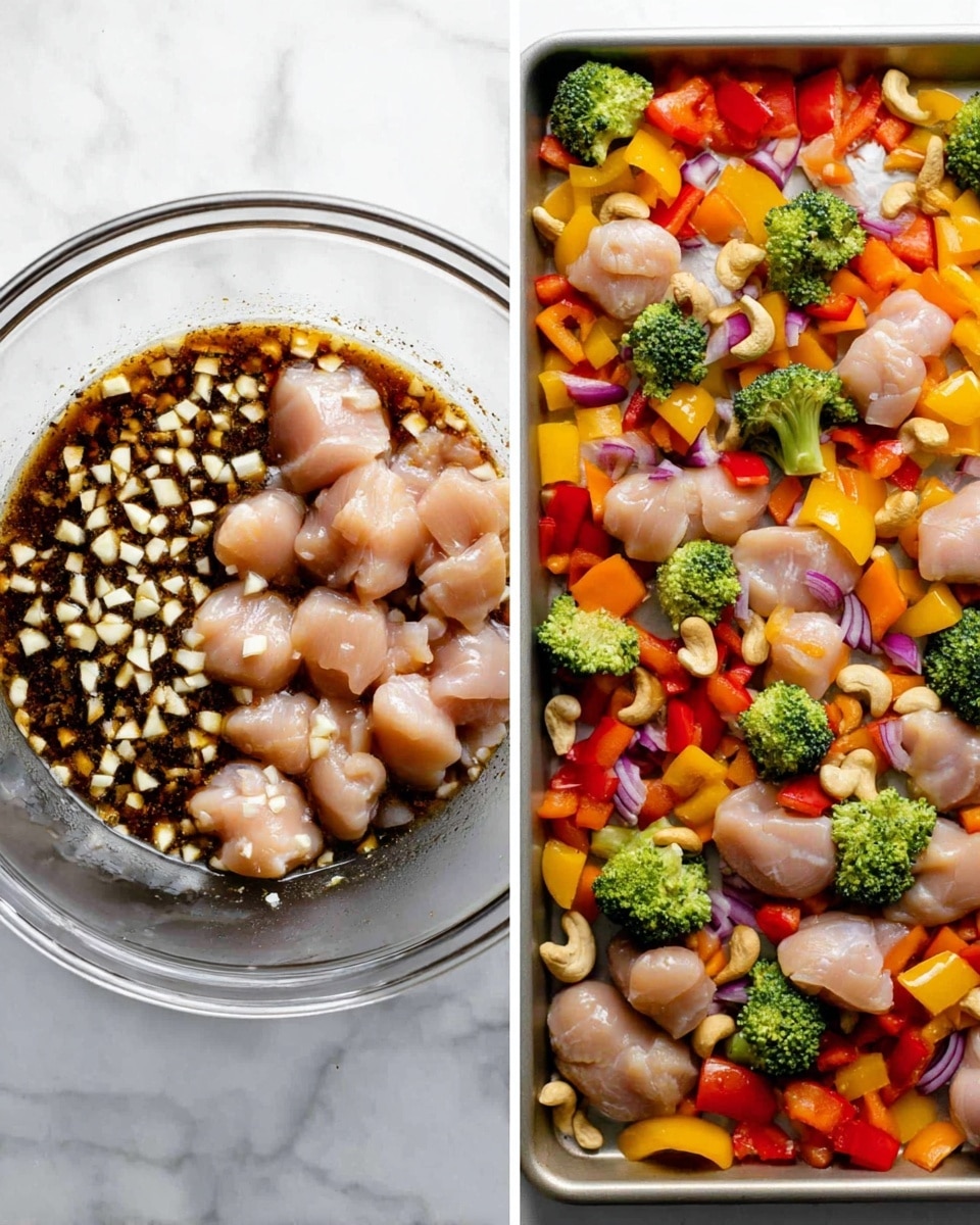 The image on the left shows a clear glass bowl with small raw chicken pieces sitting in a dark brown marinade mixed with white chopped garlic pieces, placed on a white marbled surface. The right image shows a white baking sheet covered with colorful chopped vegetables like red, yellow, and orange bell peppers, green broccoli, and sliced red onions, scattered evenly across the top half of the sheet. The bottom half of the sheet has raw chicken pieces spread out over the surface, some with visible marinade. Cashews are scattered over the chicken and veggies, adding a light cream color contrast. photo taken with an iphone --ar 4:5 --v 7