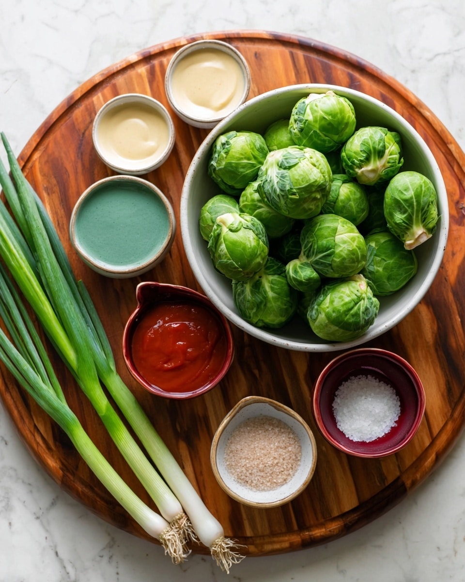 A white bowl filled with bright green Brussels sprouts sits on a round wooden board with a rich brown grain pattern. Surrounding the bowl are five small bowls: one with a creamy pale yellow sauce, another with a thick red sauce, one empty with a smooth turquoise inside, a small white bowl with beige salt and powder, and a dark red bowl with white salt. Two fresh green onions with white roots lie on the board next to the bowls. The entire setup rests on a white marbled surface. photo taken with an iphone --ar 4:5 --v 7