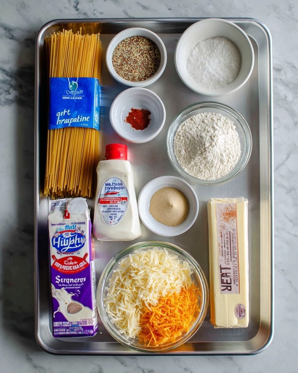 A metal tray on a white marbled surface displays various ingredients for a recipe. On the left, a blue package of spaghetti pasta is placed vertically. Above it are two small white bowls, one filled with a coarse seasoning mix and the other with white granulated salt. To the right of the bowls, a small clear glass bowl contains white flour, and next to it is another white bowl holding a small amount of red spice. Below these, there is a carton of half & half cream with purple and white packaging. Beside it stands a plastic bottle of heavy whipping cream with a red cap and blue label. To the right, a stick of butter wrapped in paper labeled