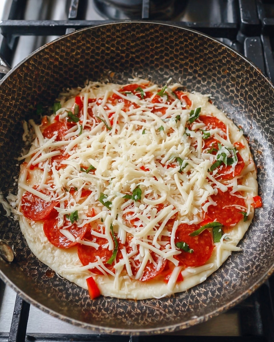 A small round pizza is cooking in a non-stick pan with a honeycomb pattern. The bottom layer is a pale, slightly bubbling dough base, topped with thin red slices of pepperoni spread evenly across the surface. On top of the pepperoni, there are thin pieces of green herbs scattered around for color. The top layer is shredded white cheese spread thickly over the entire pizza. The pan is sitting on a stove burner with a metallic silver background around it. Photo taken with an iphone --ar 4:5 --v 7