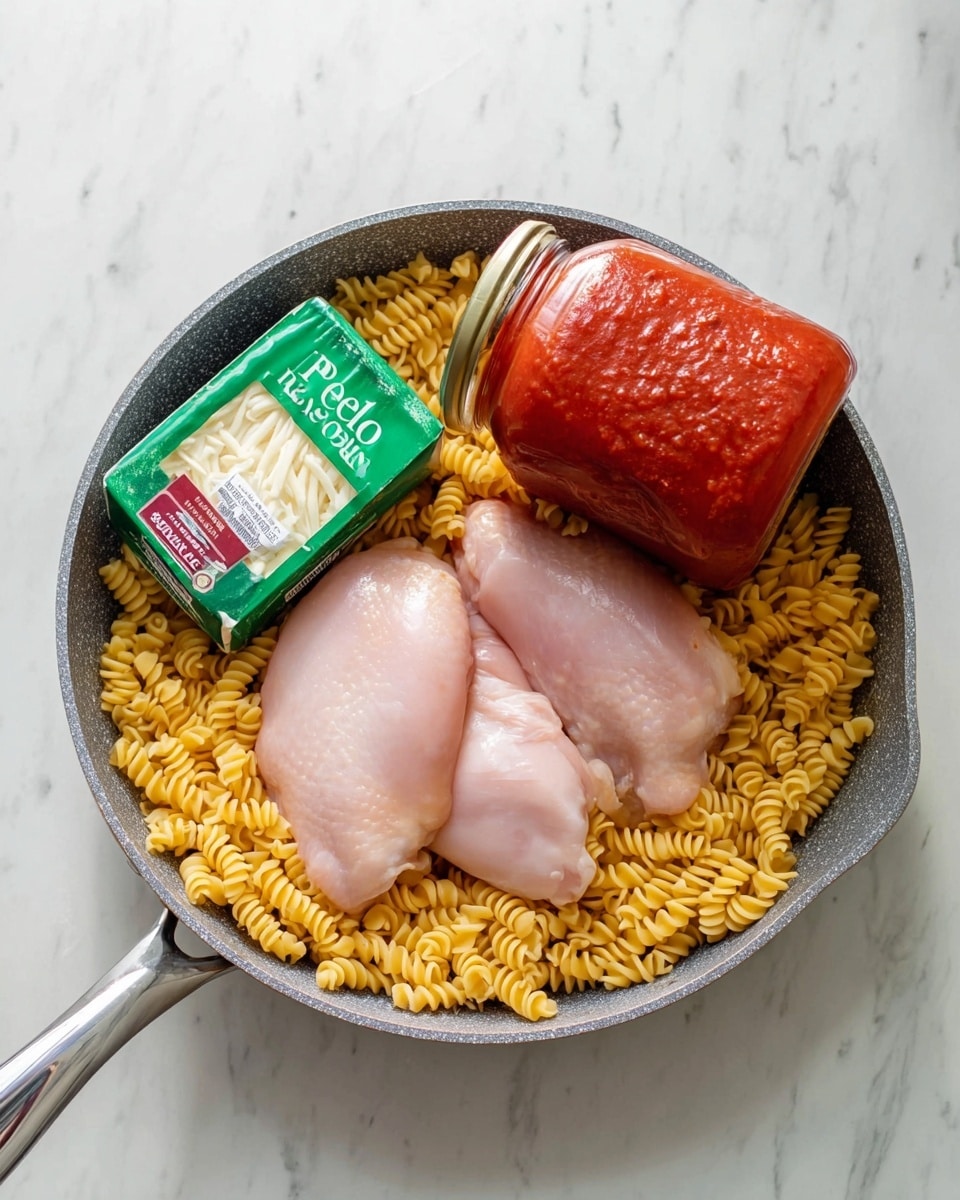 A gray pan filled with three layers: the bottom layer is uncooked curly yellow pasta, on top of that are two raw pale pink chicken pieces placed side by side, and a green package of mozzarella cheese lies next to the chicken, with a large jar of red marinara sauce leaning against the side of the pan. The pan is on a white marbled surface with a shiny silver handle. photo taken with an iphone --ar 4:5 --v 7