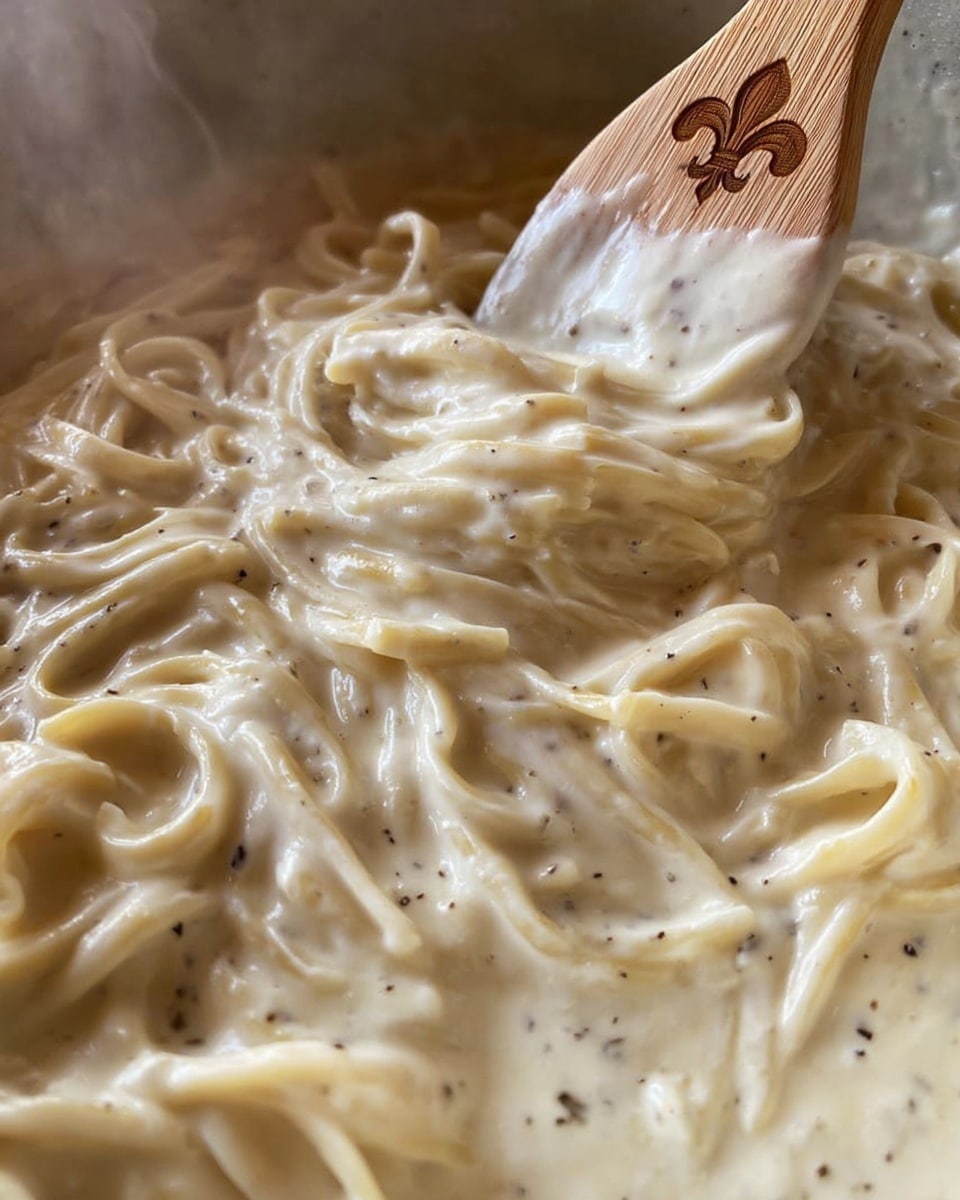 A close-up view of creamy noodles in a thick white sauce, with visible small black pepper specks. The noodles are smooth and coated evenly in the sauce, creating soft folds and swirls. A wooden spoon with an engraved fleur-de-lis is stirring the noodles, its edge covered with the creamy sauce. Steam rises gently above the dish, indicating it is hot. The background is a white marbled texture. photo taken with an iphone --ar 4:5 --v 7