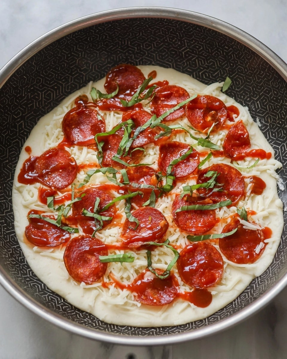 A small round pizza is shown in a pan with a dark hexagonal pattern. The base layer is a white dough circle. On top of the dough, there is a layer of shredded white cheese spread evenly. Over the cheese, there are scattered red pepperoni slices. Red tomato sauce is drizzled in small dollops across the pizza. Thin strips of fresh green basil leaves are sprinkled on top, adding a fresh touch. The pan sits on a white marbled surface. photo taken with an iphone --ar 4:5 --v 7