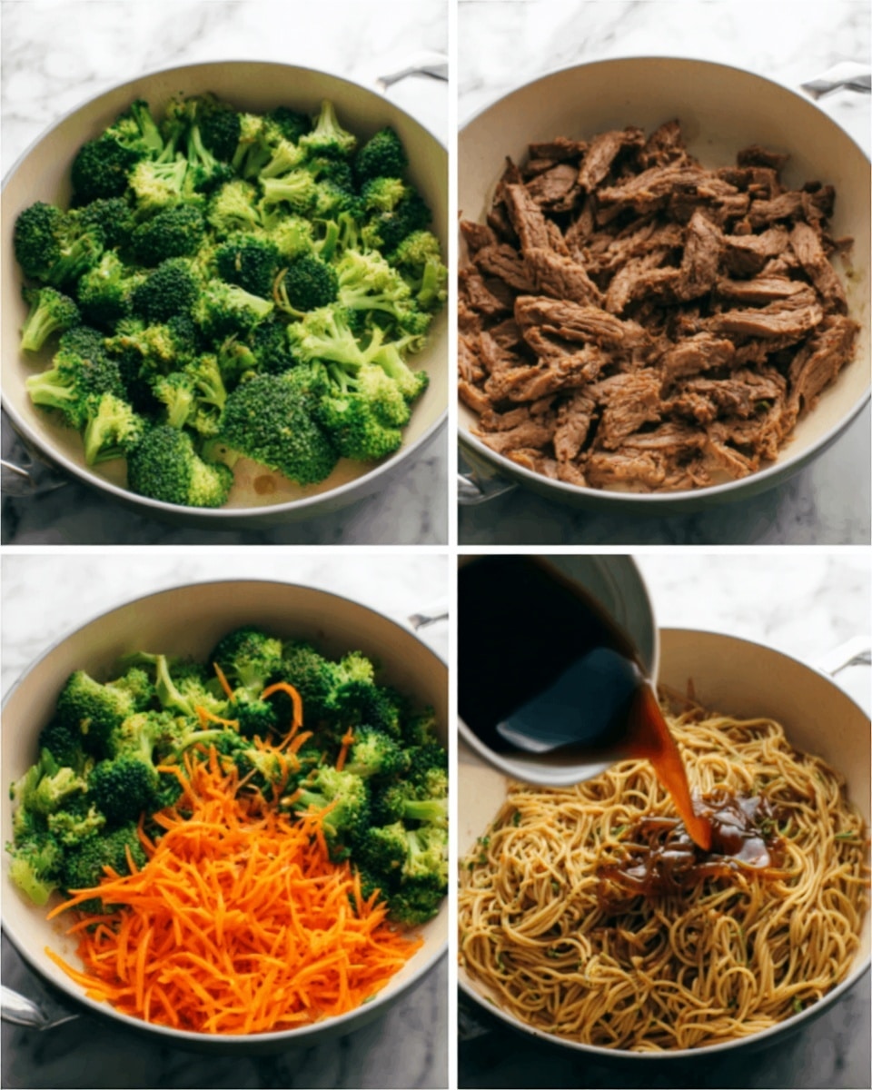 The image shows four panels, each focusing on a cooking pan with different ingredients inside. The first panel features bright green broccoli pieces filling a white pan over a white marbled background. The second panel shows cooked brown slices of meat in the white pan with a slightly oily texture. In the third panel, shredded orange carrots have been added on top of the brown meat slices in the pan, creating a colorful contrast. The fourth panel displays cooked spaghetti noodles mixed with broccoli and the meat slices, all inside the white pan, with a hand pouring a dark sauce over the food. photo taken with an iphone --ar 4:5 --v 7